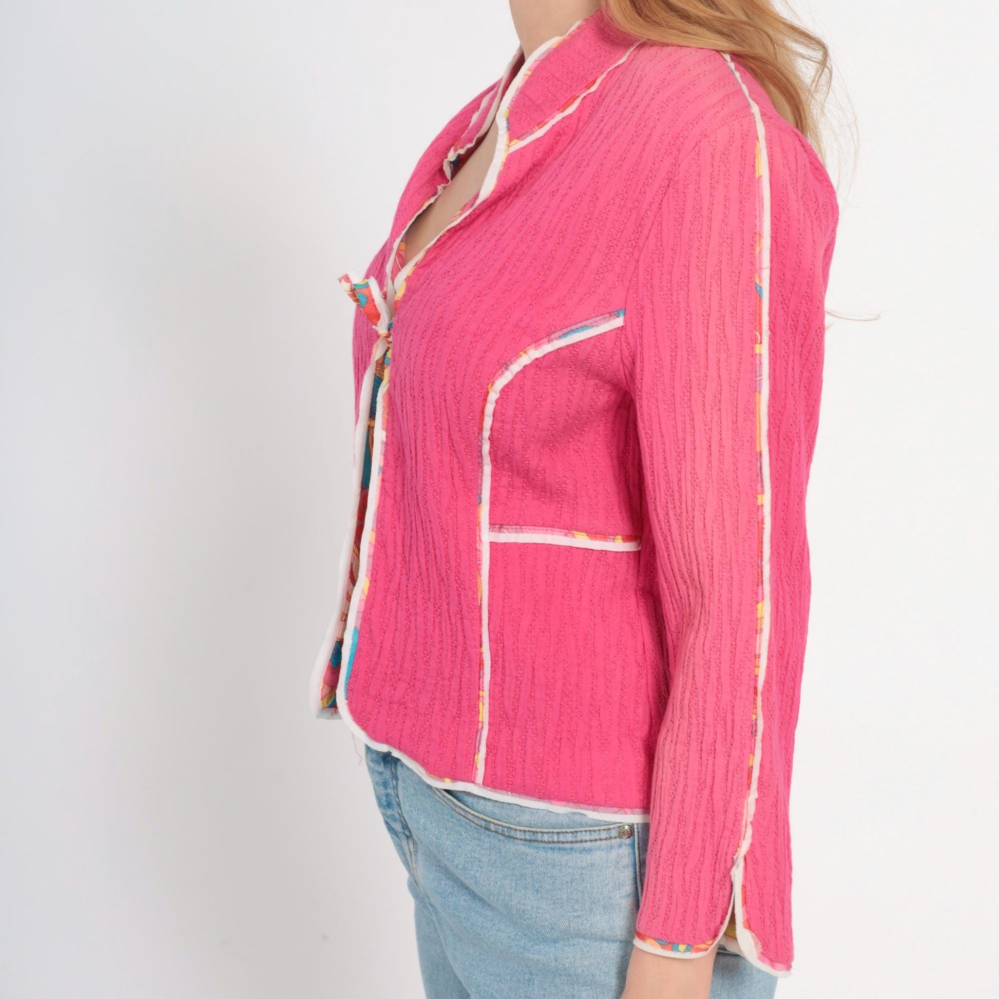 Y2K Canvasbacks Hot Pink Cropped Cardigan Floral Trim Tie Front Medium