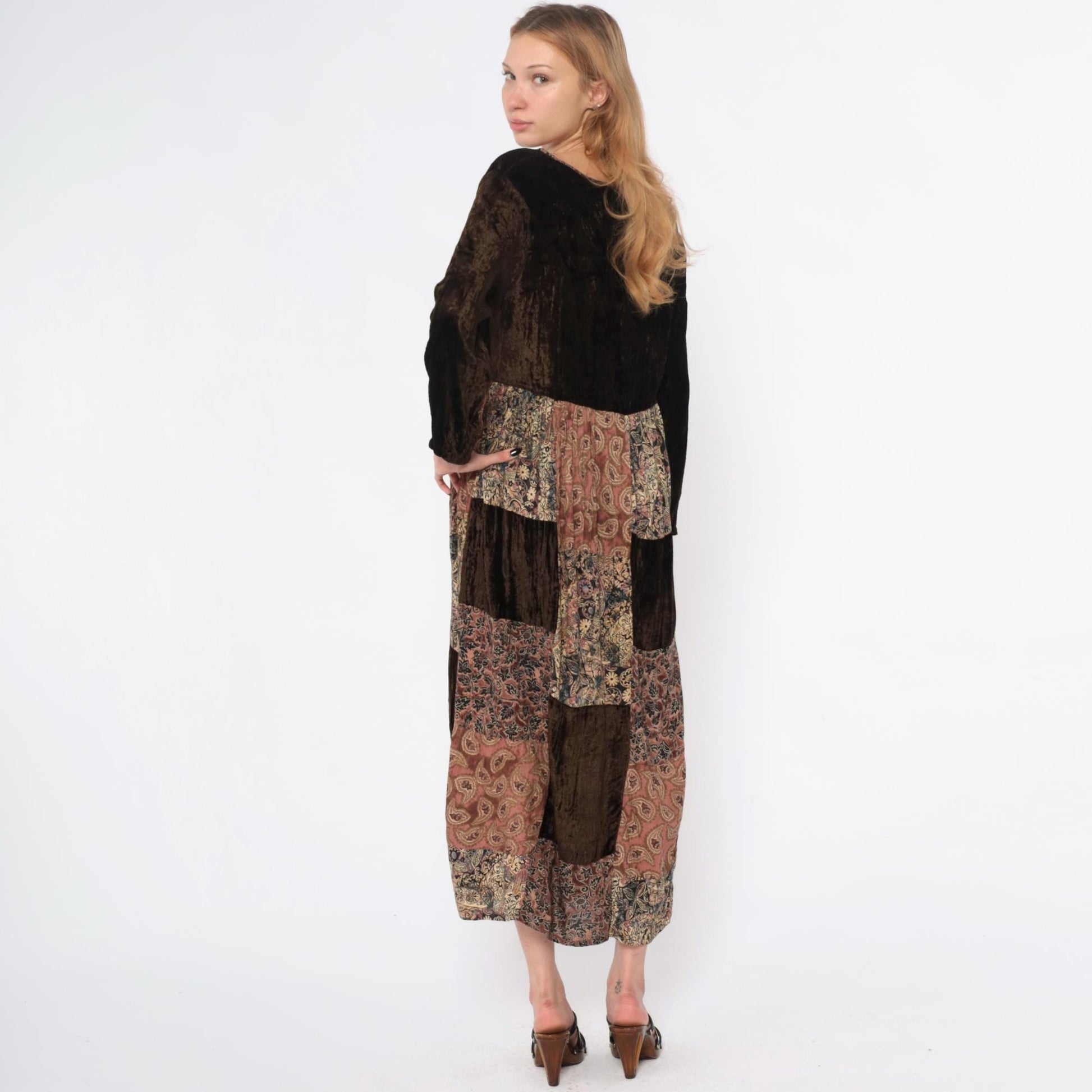 Y2K Bila Patchwork Velvet Maxi Dress Brown Paisley Rayon Small