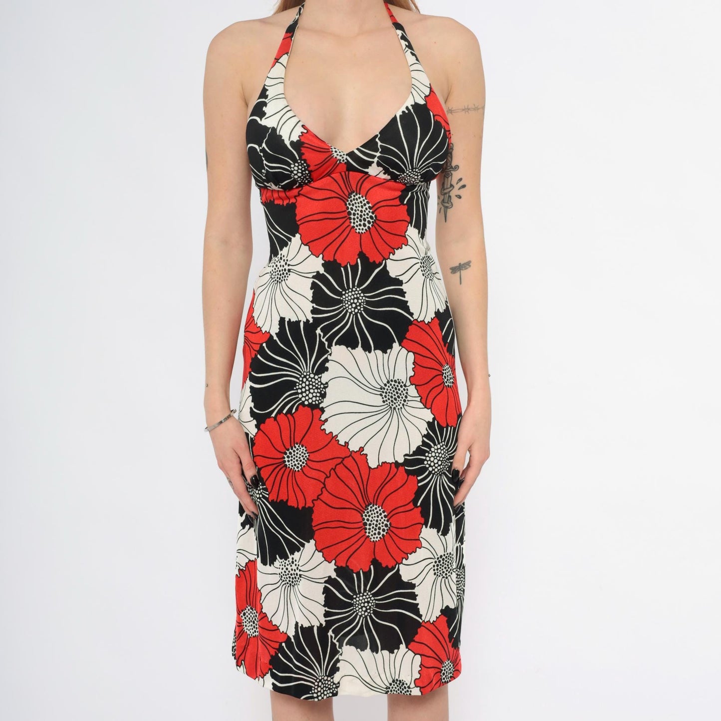 70s Halter Dress Floral Red Black Cream Plunge Neckline Small