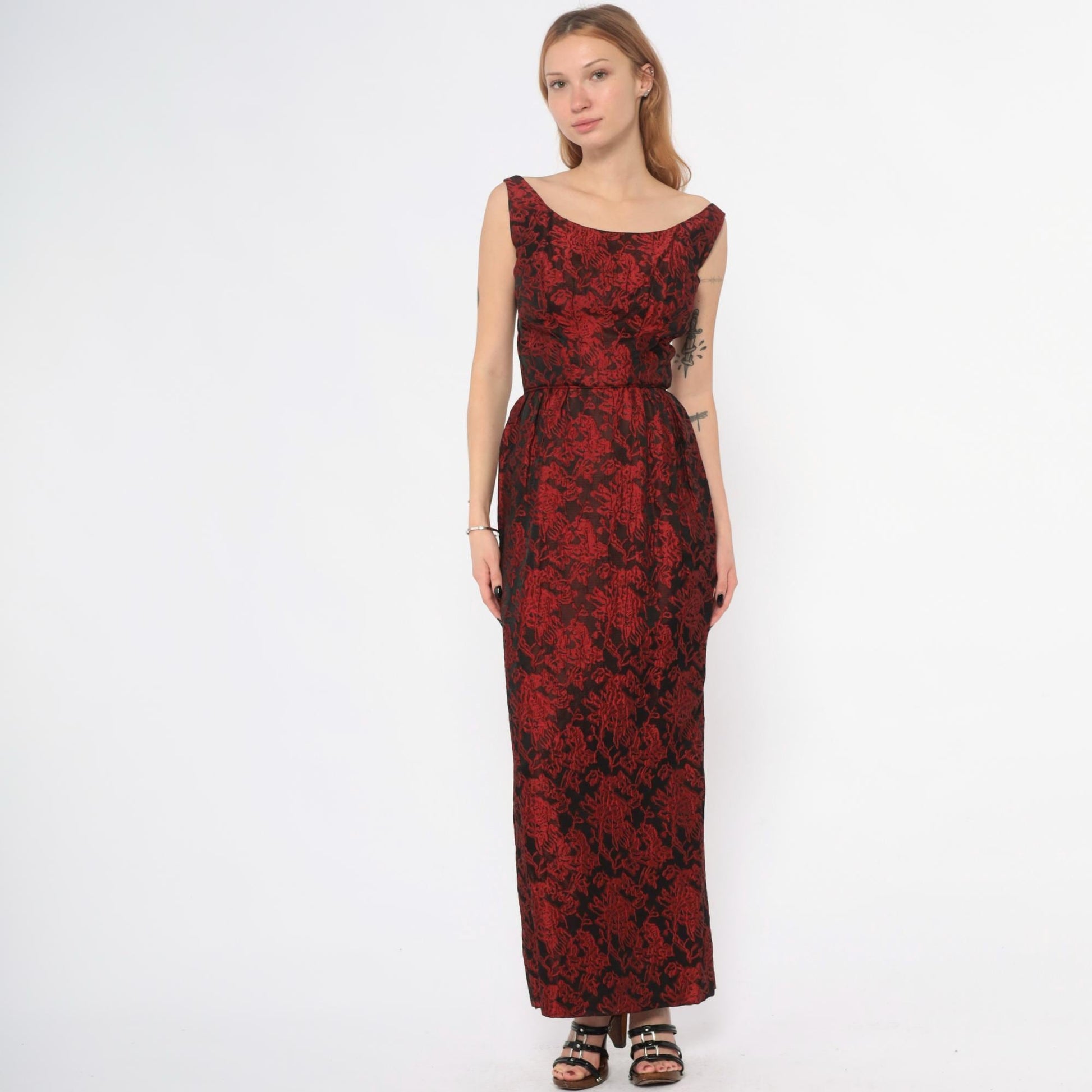 60s Red Black Brocade Empire Waist Evening Gown Floral Jacquard Sleeveless Extra Small