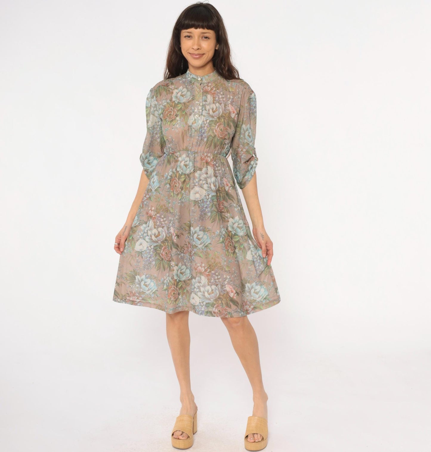 80s Floral Button-Front Dress Sheer Polyester Taupe Pink Green Small