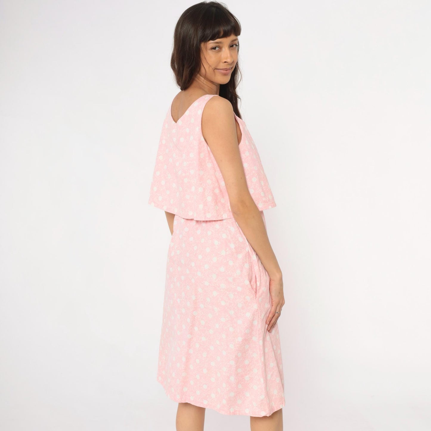 90s Pink Polka Dot Cotton Sundress Sleeveless Scoop Neck Medium M