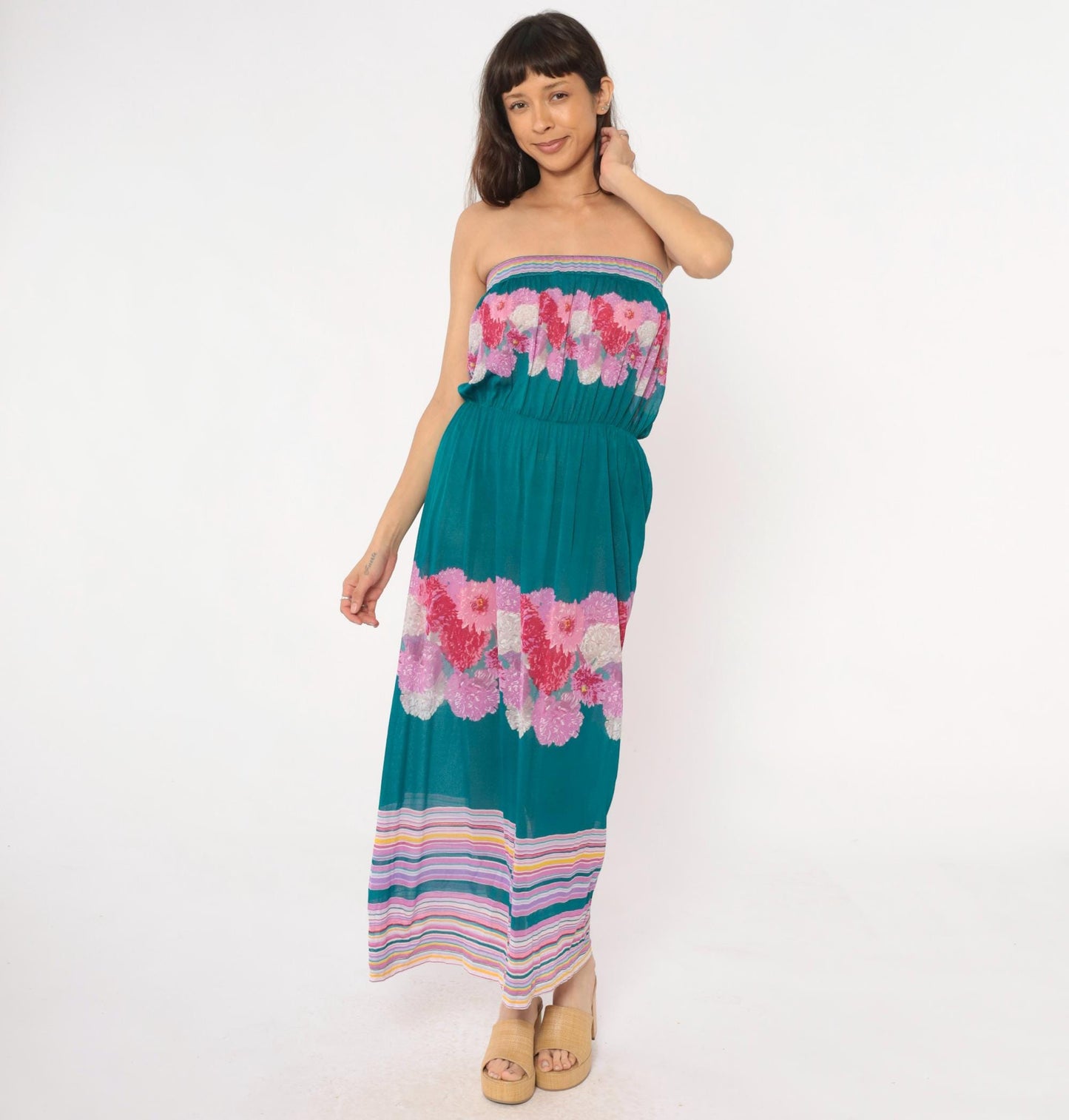 80s Teal Floral Strapless Maxi Dress Pink Purple Carnation Print Small S