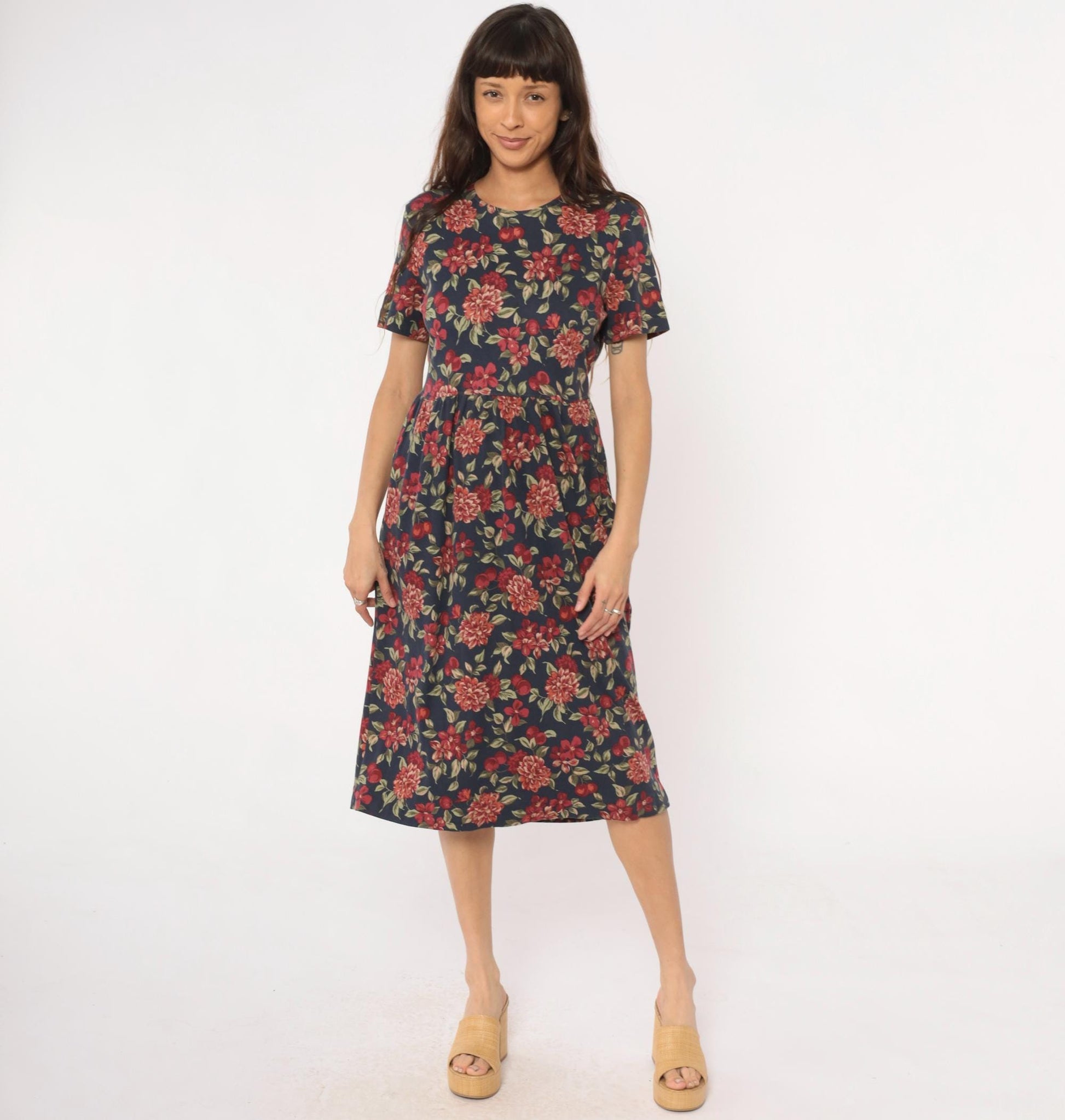 90s Talbots Floral Midi Dress Navy Dahlia Cotton Small