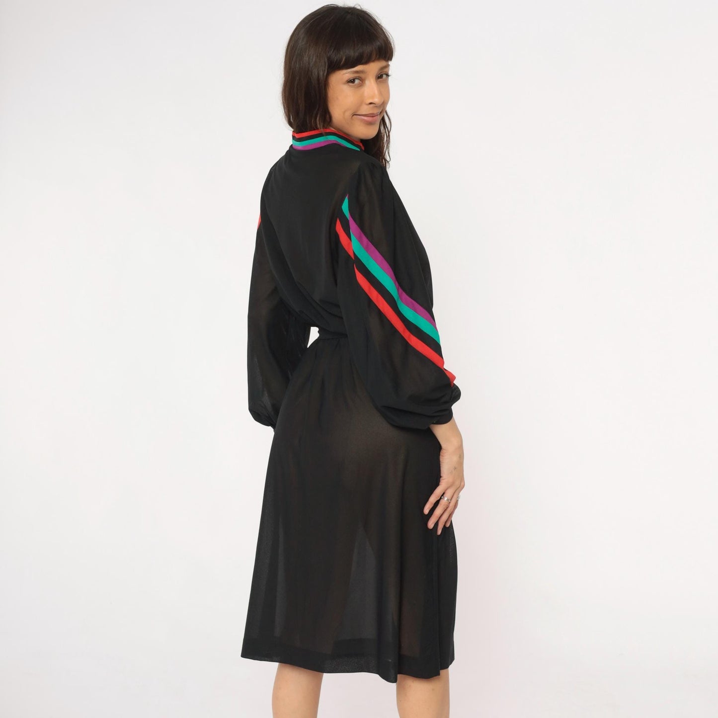 80s Blair Black Dress Striped Trim Stand Collar Long Sleeve Knee Length Medium
