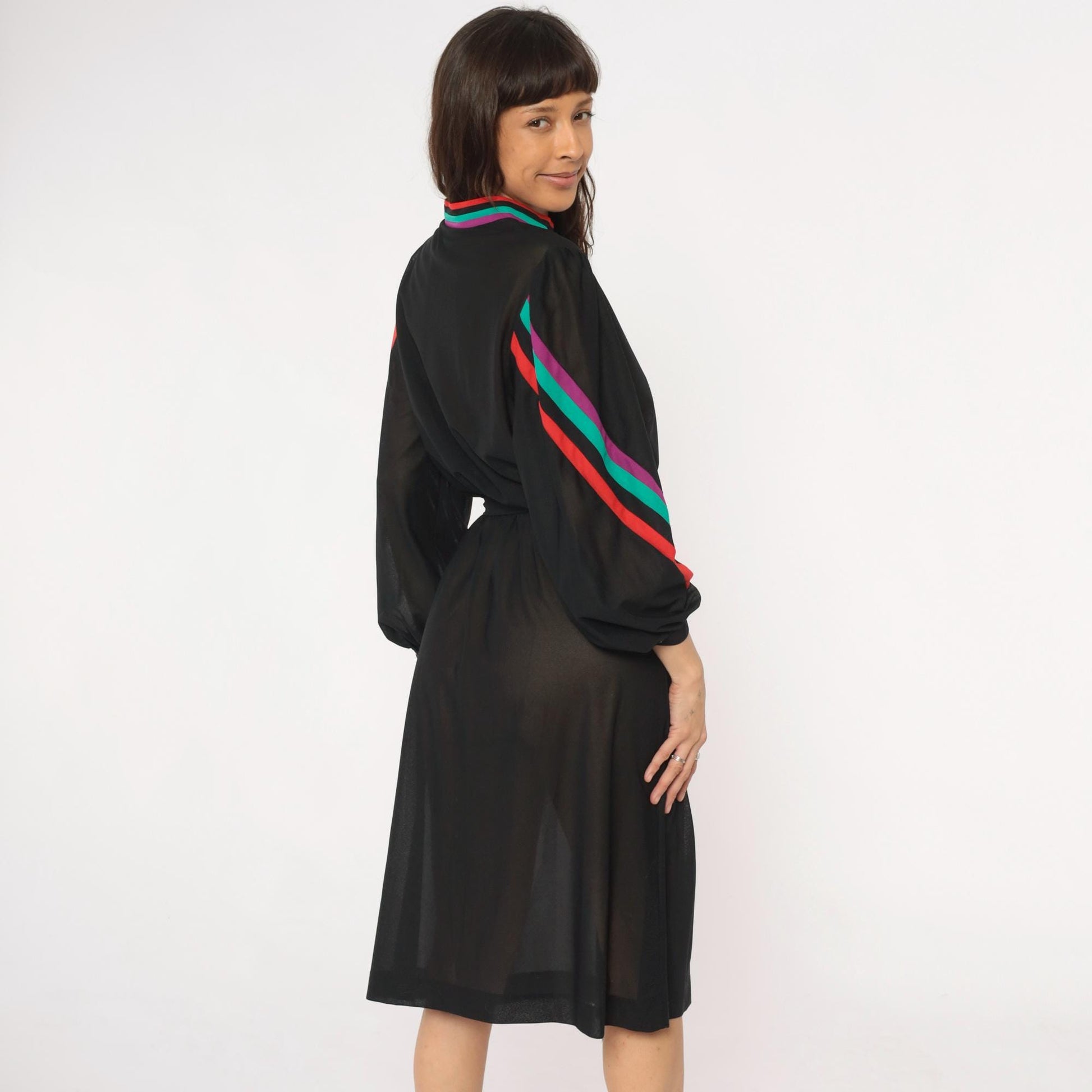 80s Blair Black Dress Striped Trim Stand Collar Long Sleeve Knee Length Medium