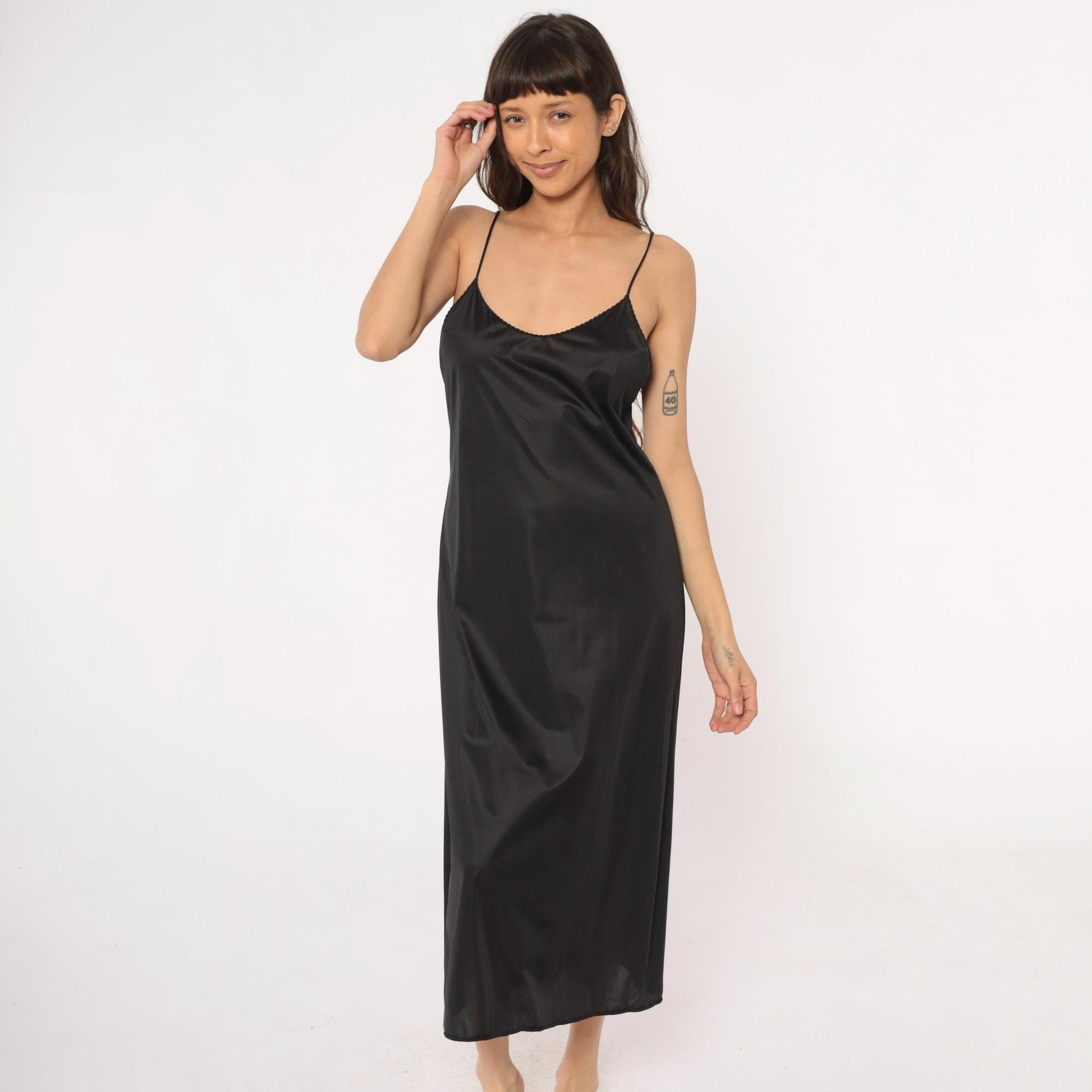 90s Vanity Fair Black Slip Dress Spaghetti Strap Lace Trim Midi Medium