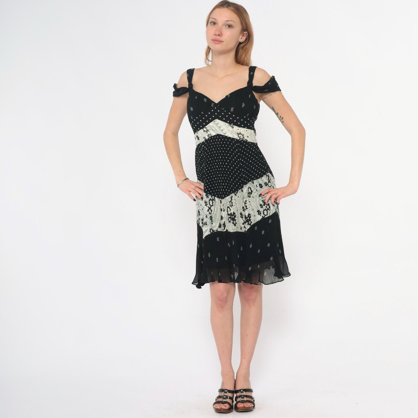 Y2K Alberto Makali Black Mini Dress Mixed Print Cold Shoulder Small S