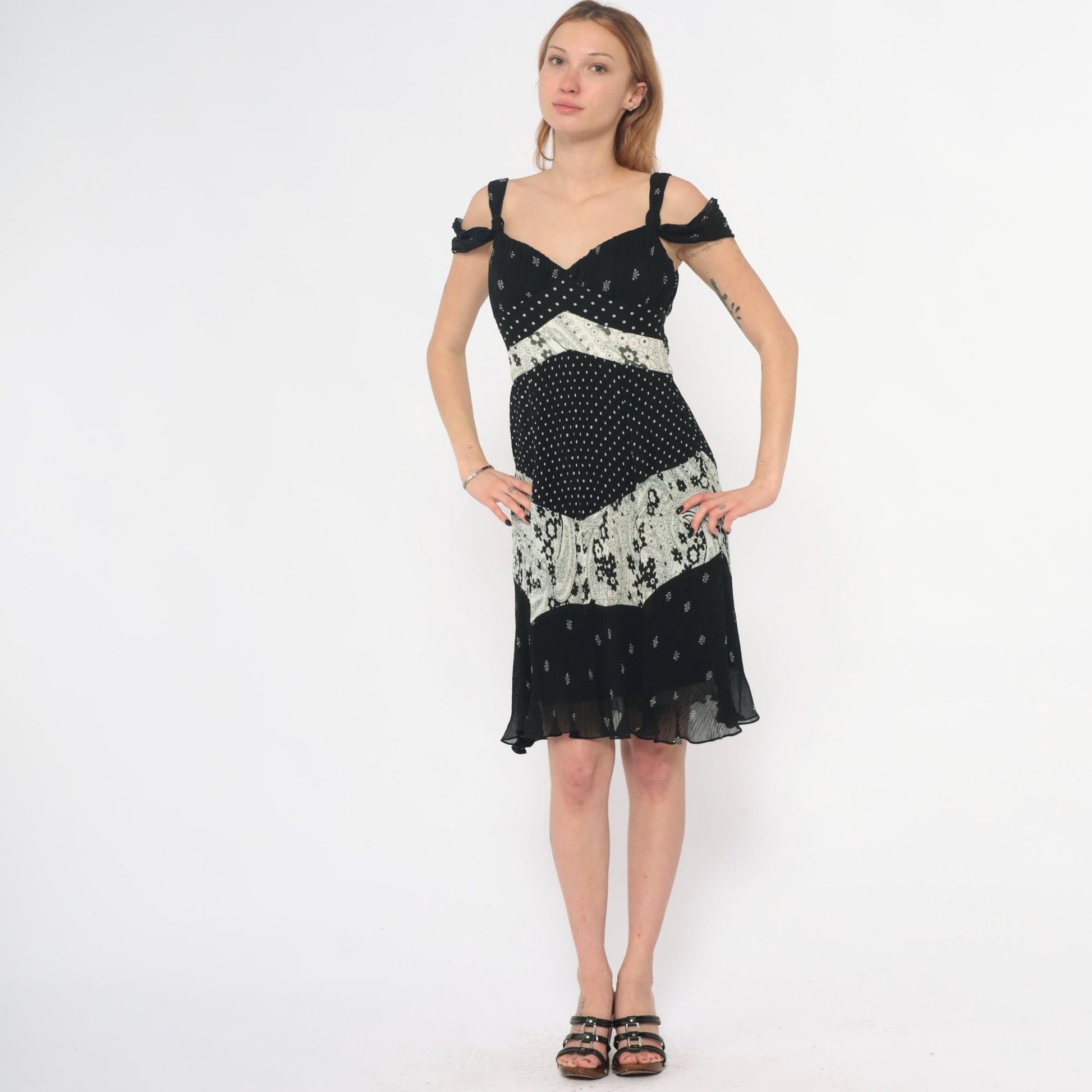 Y2K Alberto Makali Black Mini Dress Mixed Print Cold Shoulder Small S