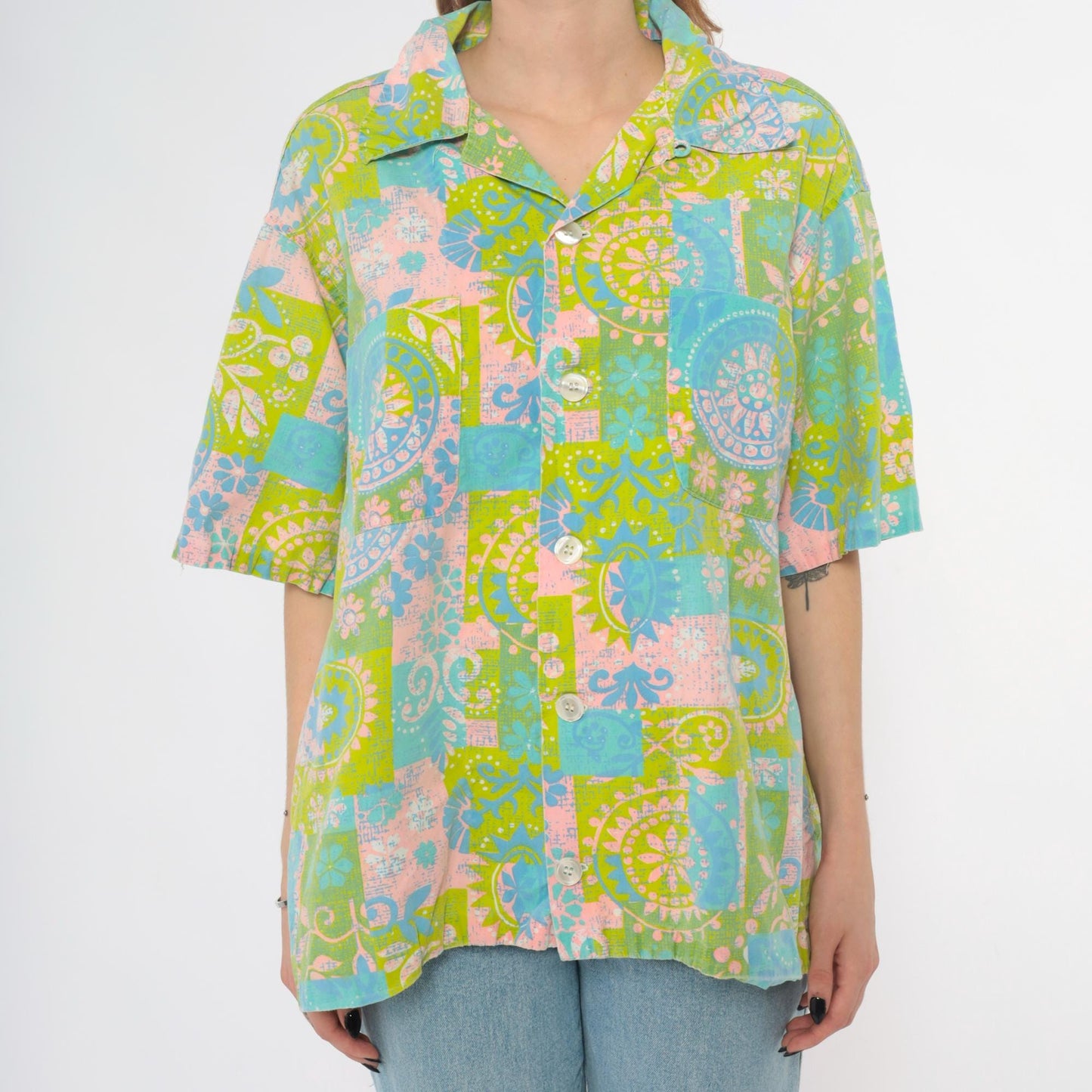 70s Paisley Patchwork Blouse Green Pink Blue Floral Button-Up Extra Large XL