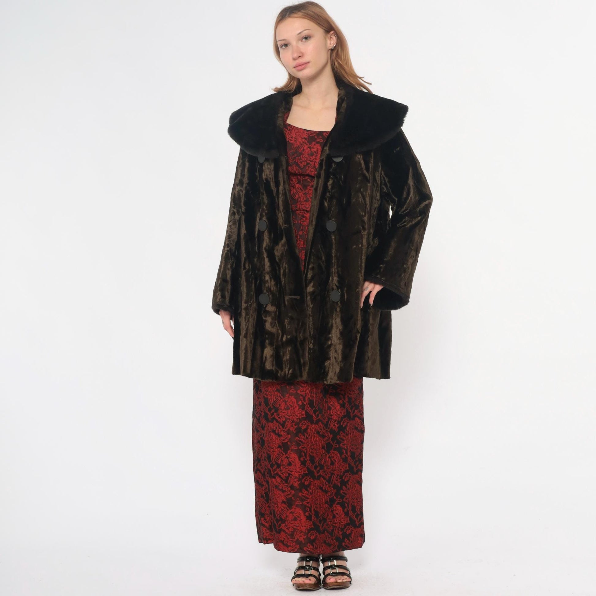 70s Brown Crushed Velvet Coat Black Faux Fur Collar Button Front Extra Large XXL