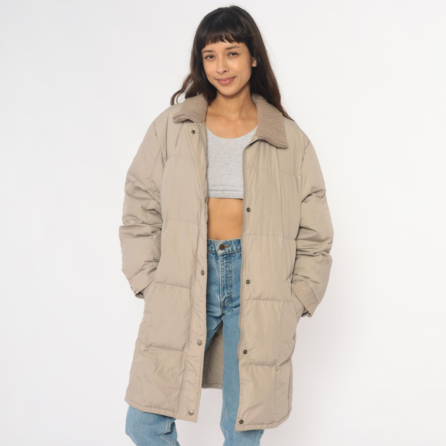80s Beige Quilted Puffer Coat Down Filled Long Jacket Knit Collar Large L