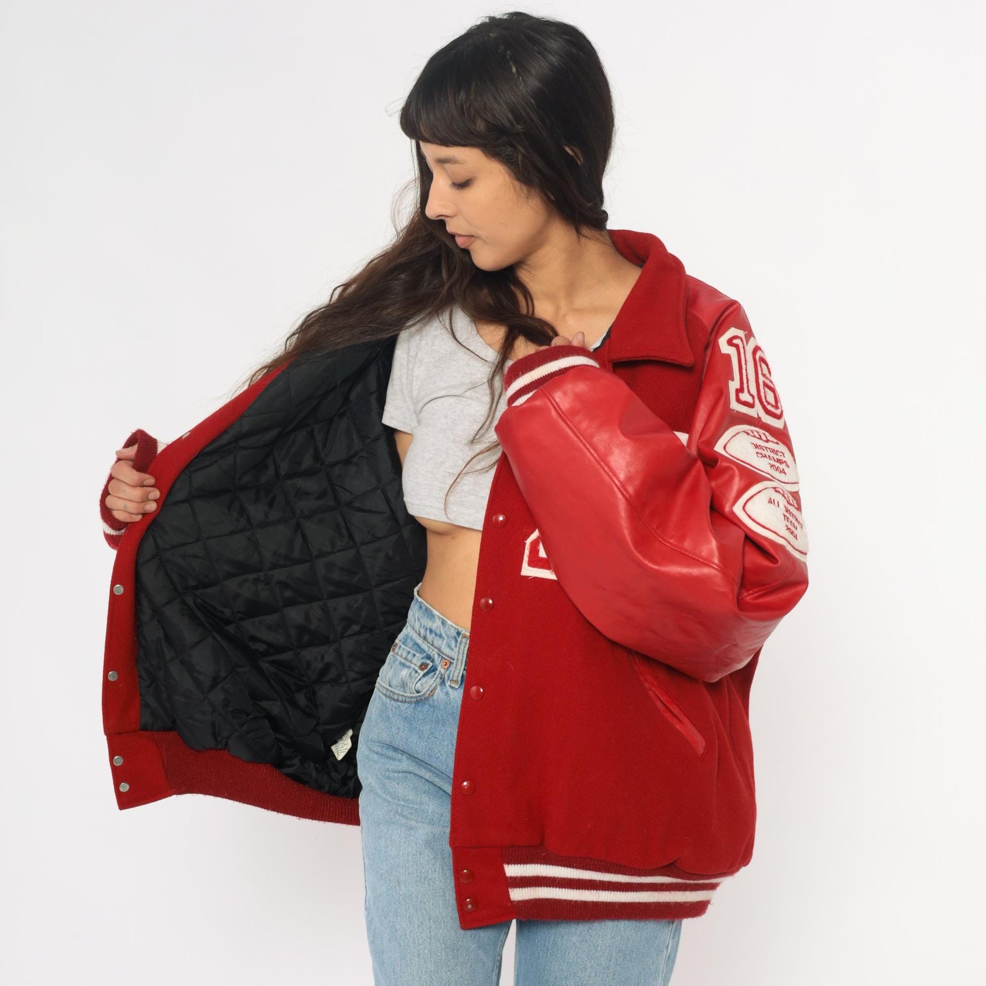 Y2K Neff Red Wool Varsity Jacket Leather Sleeves Football Patches XXL