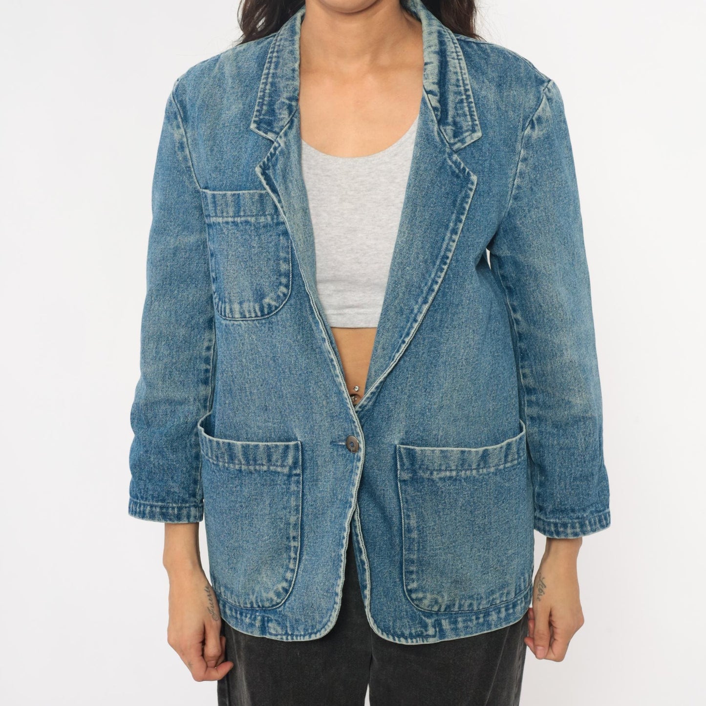 90s Eddie Bauer Denim Blazer Blue Jean Jacket Notched Collar Extra Small XS