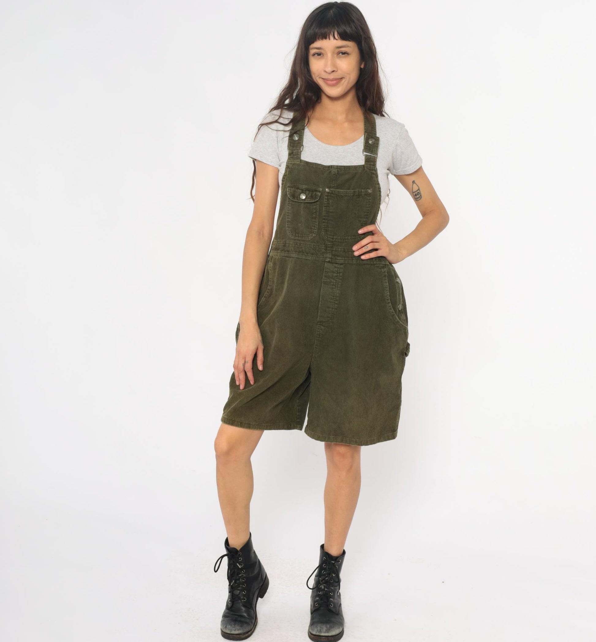 90s Olive Green Corduroy Overall Shorts Adjustable Straps Cross-Back Large L