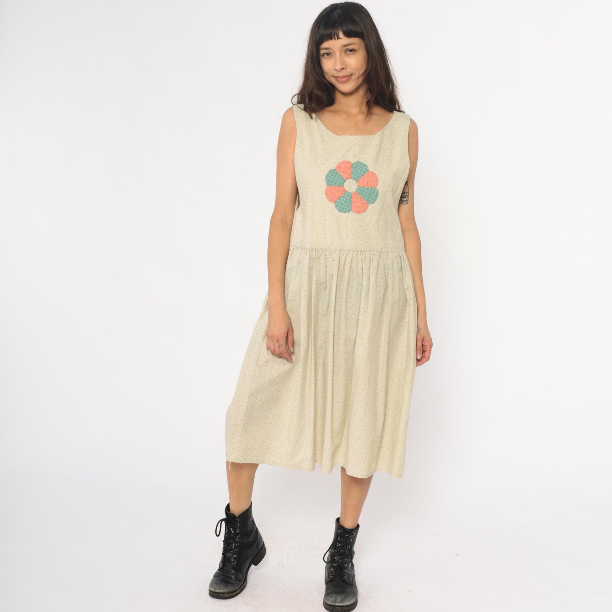 90s Cream Floral Appliqué Drop Waist Midi Dress Gathered Skirt Medium