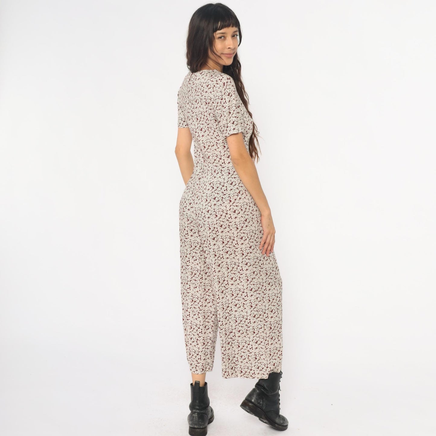 90s All That Jazz Floral Jumpsuit Cream Wide Leg Short Sleeve Small