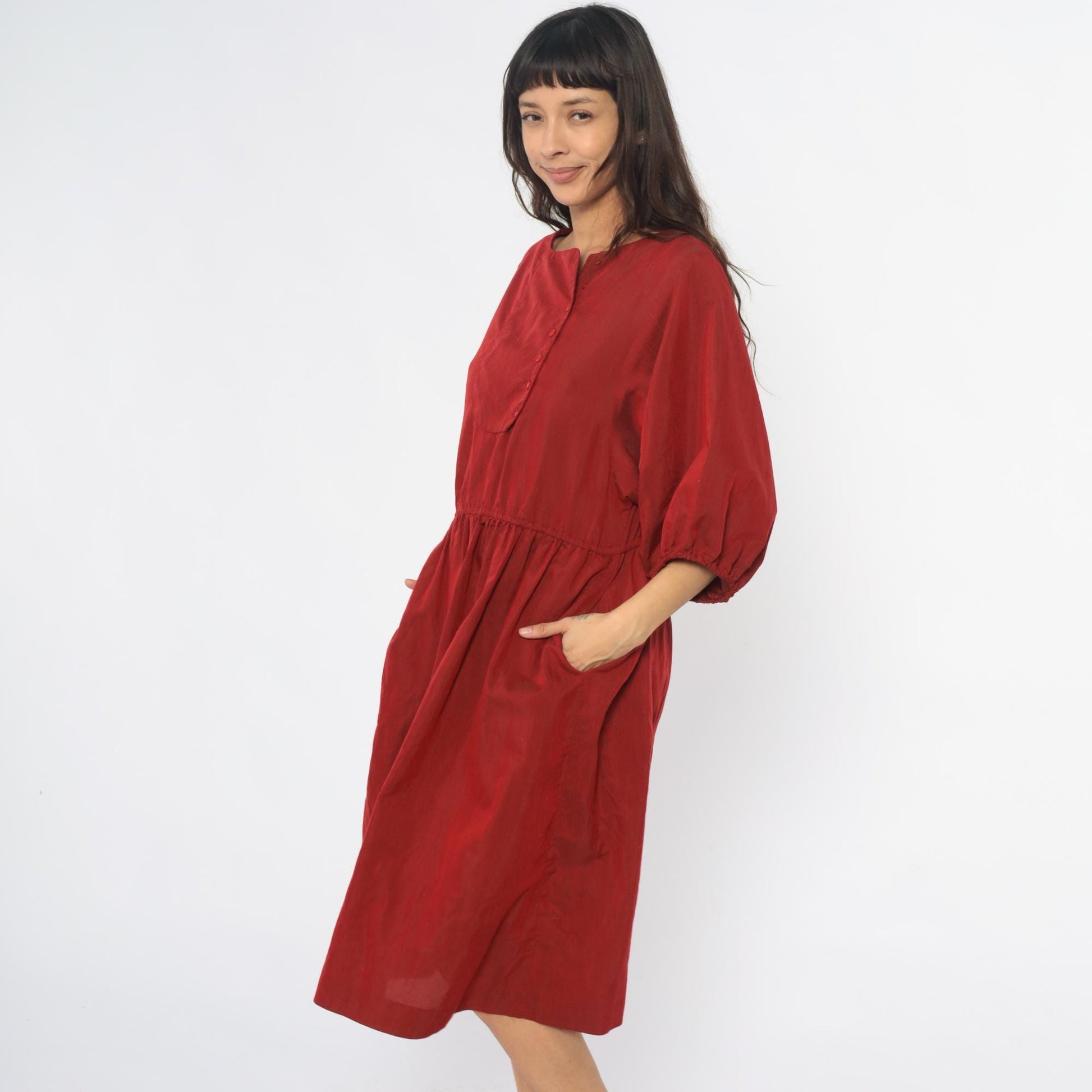 80s Burgundy Puff Sleeve Dress A-Line Gathered Waist Button Front Medium M