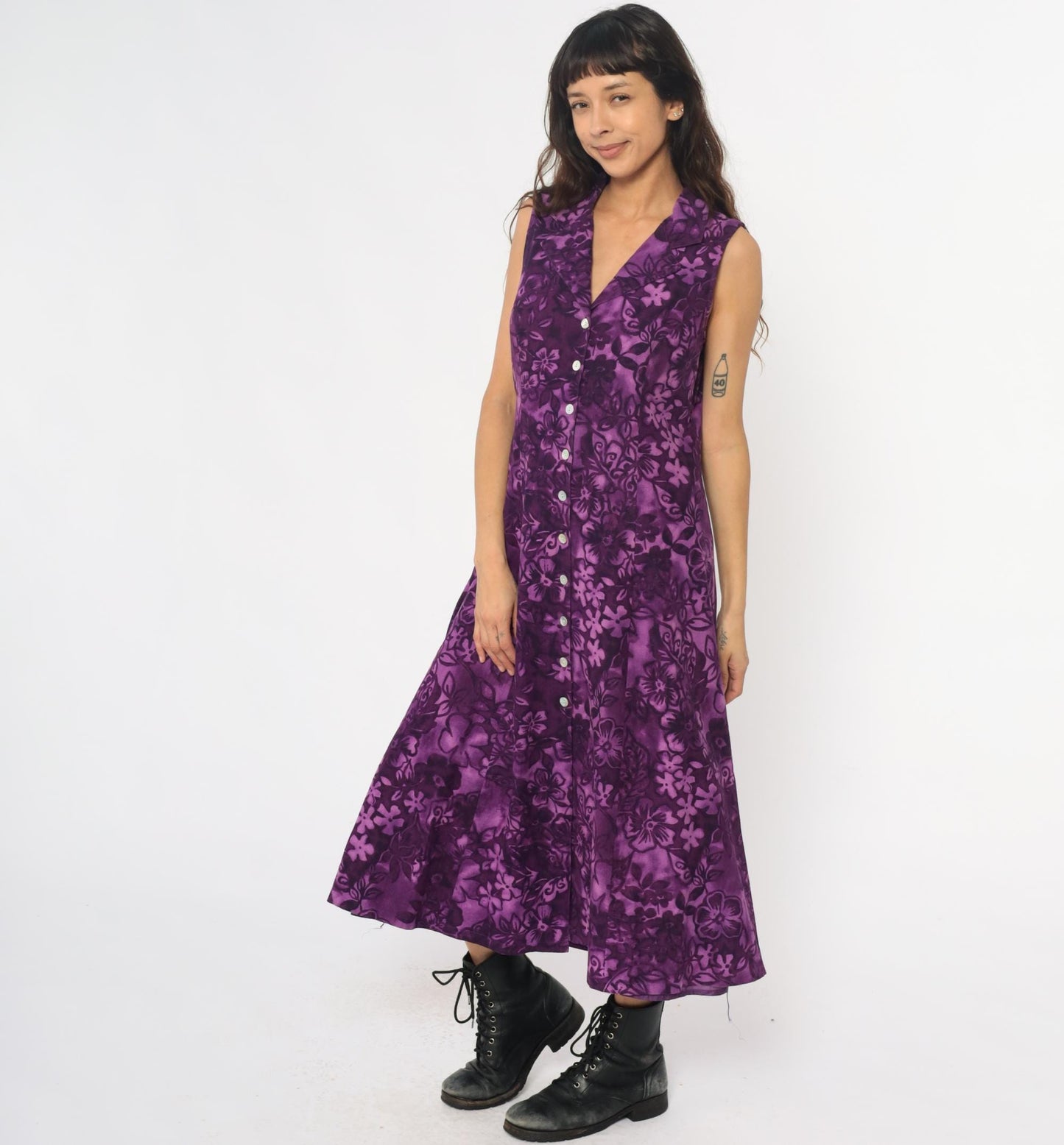 Y2K Coldwater Creek Purple Floral Linen Maxi Dress Button Front Large L