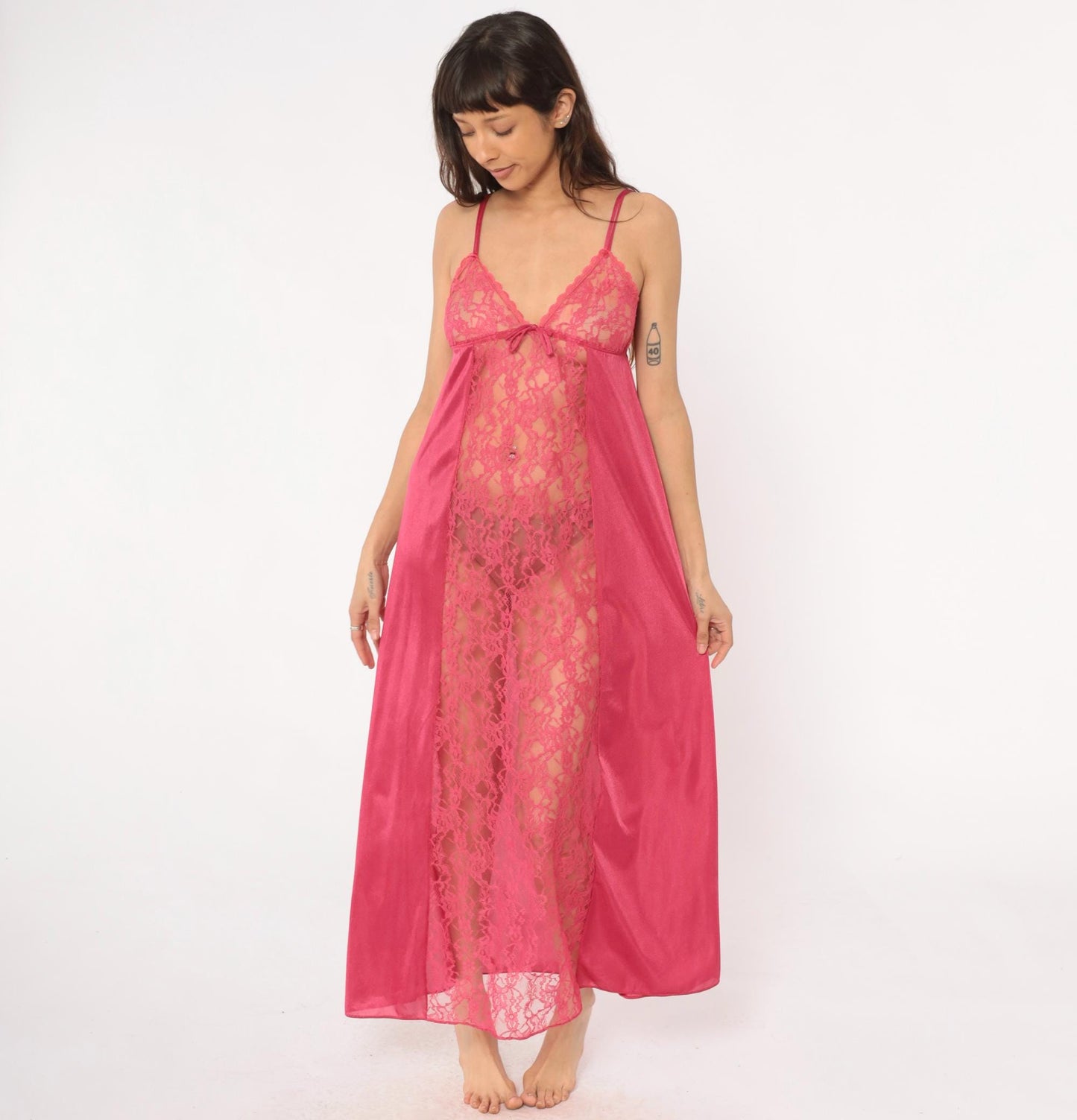 80s Rose Pink Lace Maxi Nightgown V-Neck Spaghetti Strap Medium