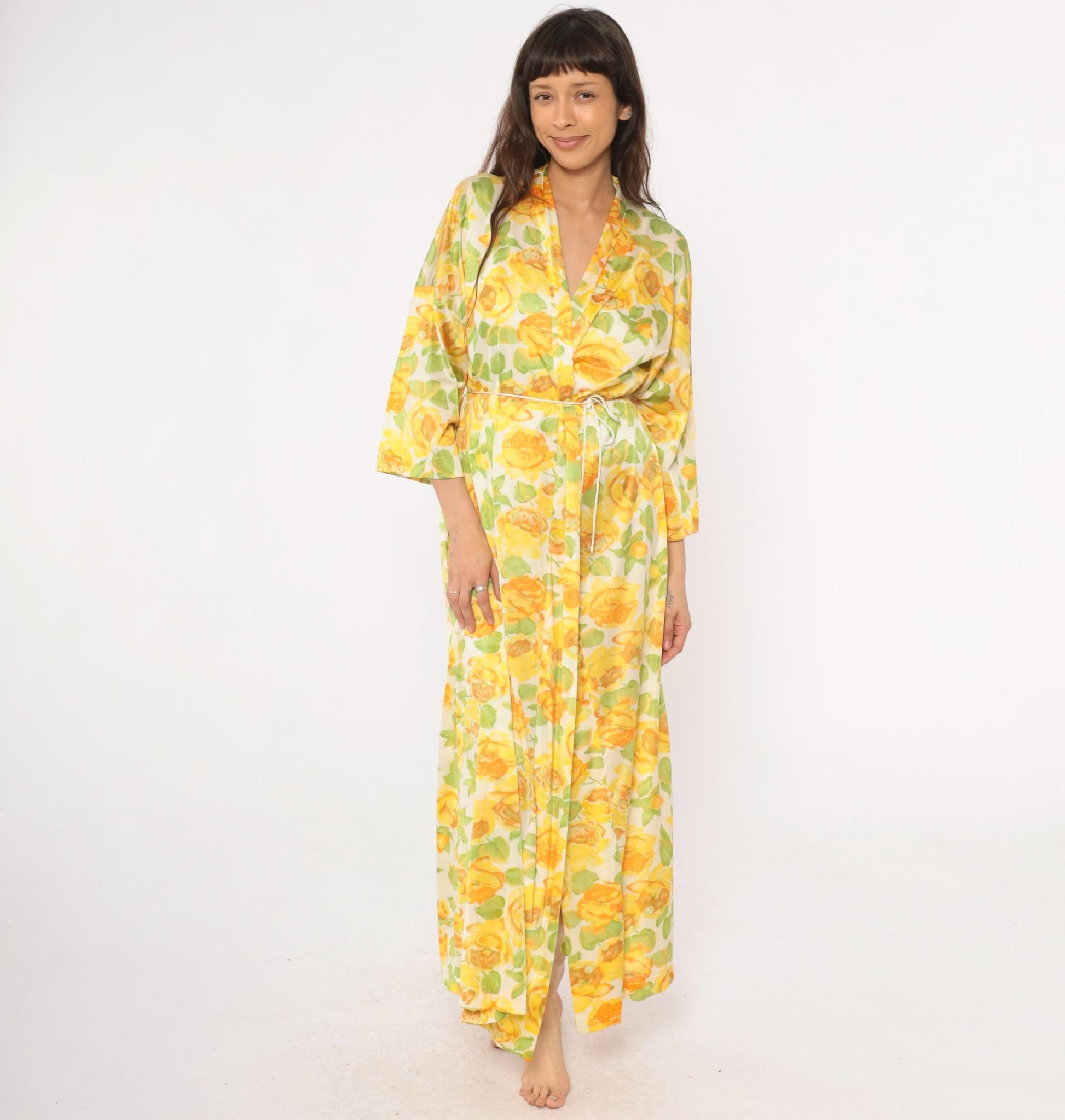 80s Vanity Fair Yellow Rose Floral Robe Maxi Duster Shawl Collar Medium