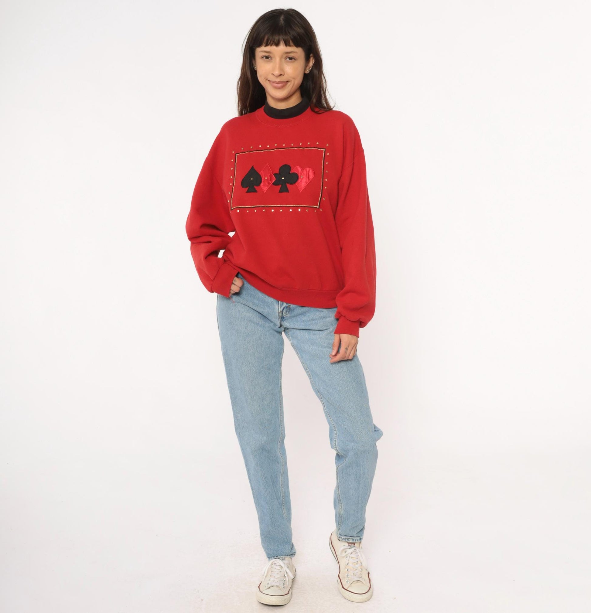 90s Jerzees Playing Card Sweatshirt Red Studded Casino Graphic Crewneck Large L