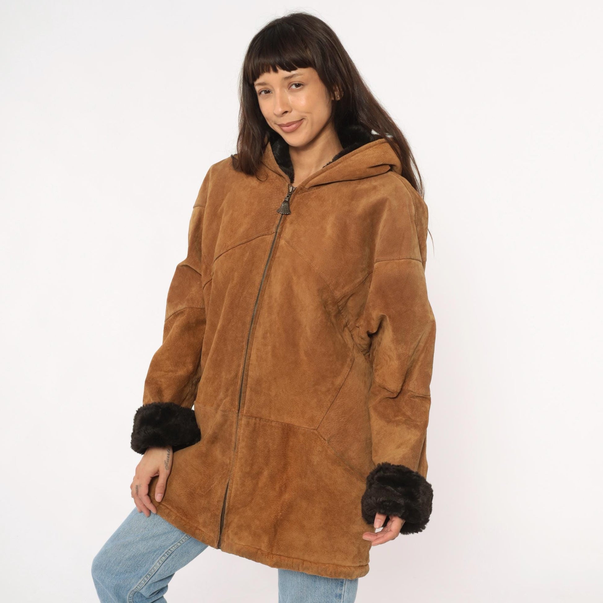 90s Tan Leather Hooded Jacket Faux Fur Lining Black Trim Large L