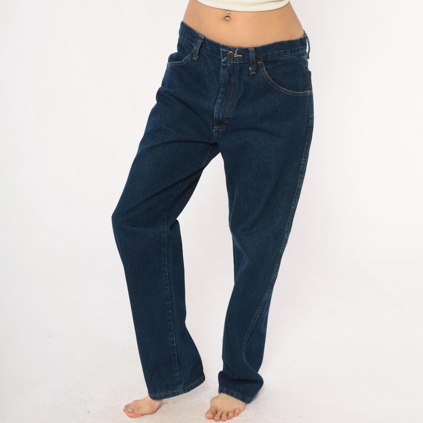 90s Rustler Dark Denim High Rise Straight Leg Jeans Navy Blue 34W