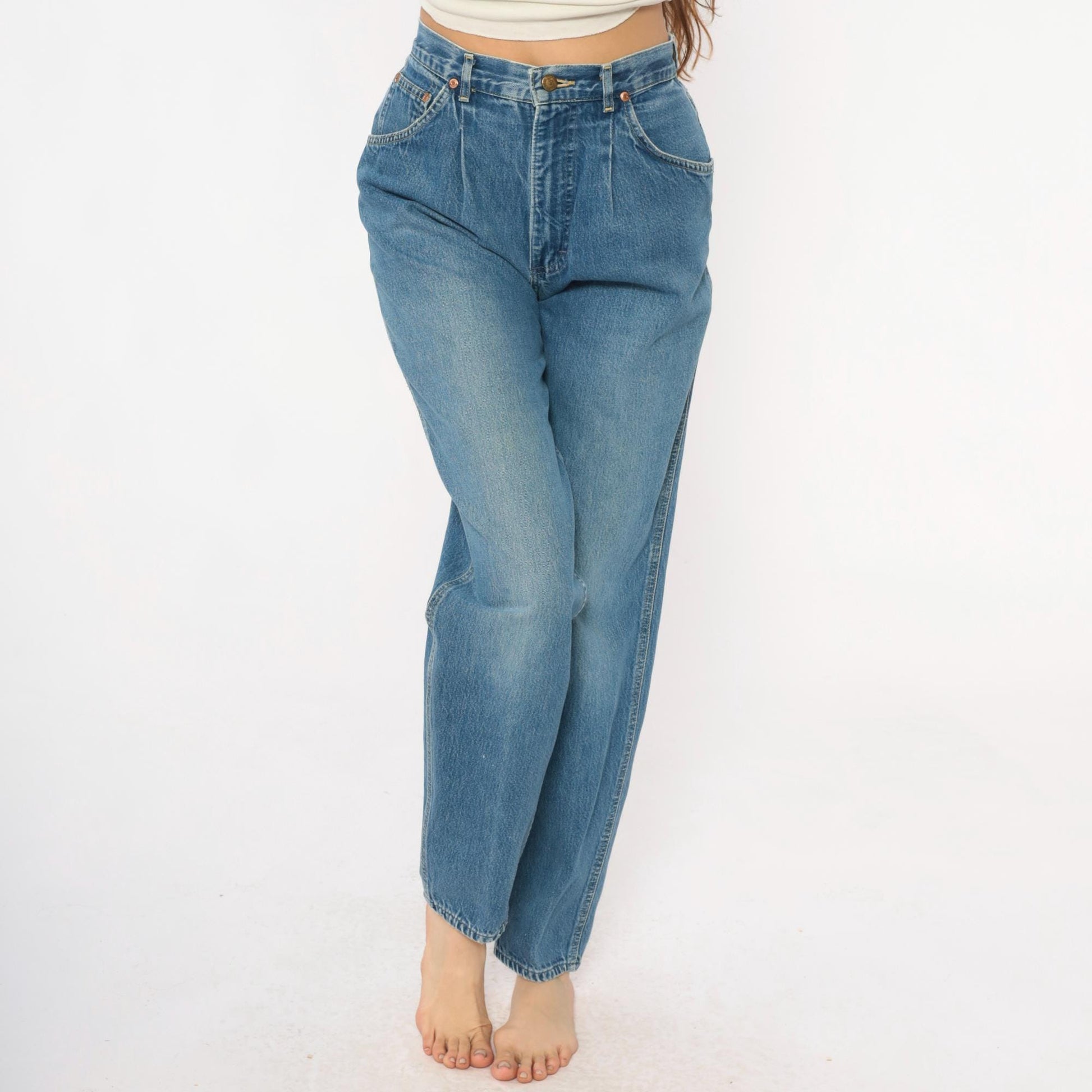 80s Lee High-Waist Denim Jeans Light Blue Tapered Small