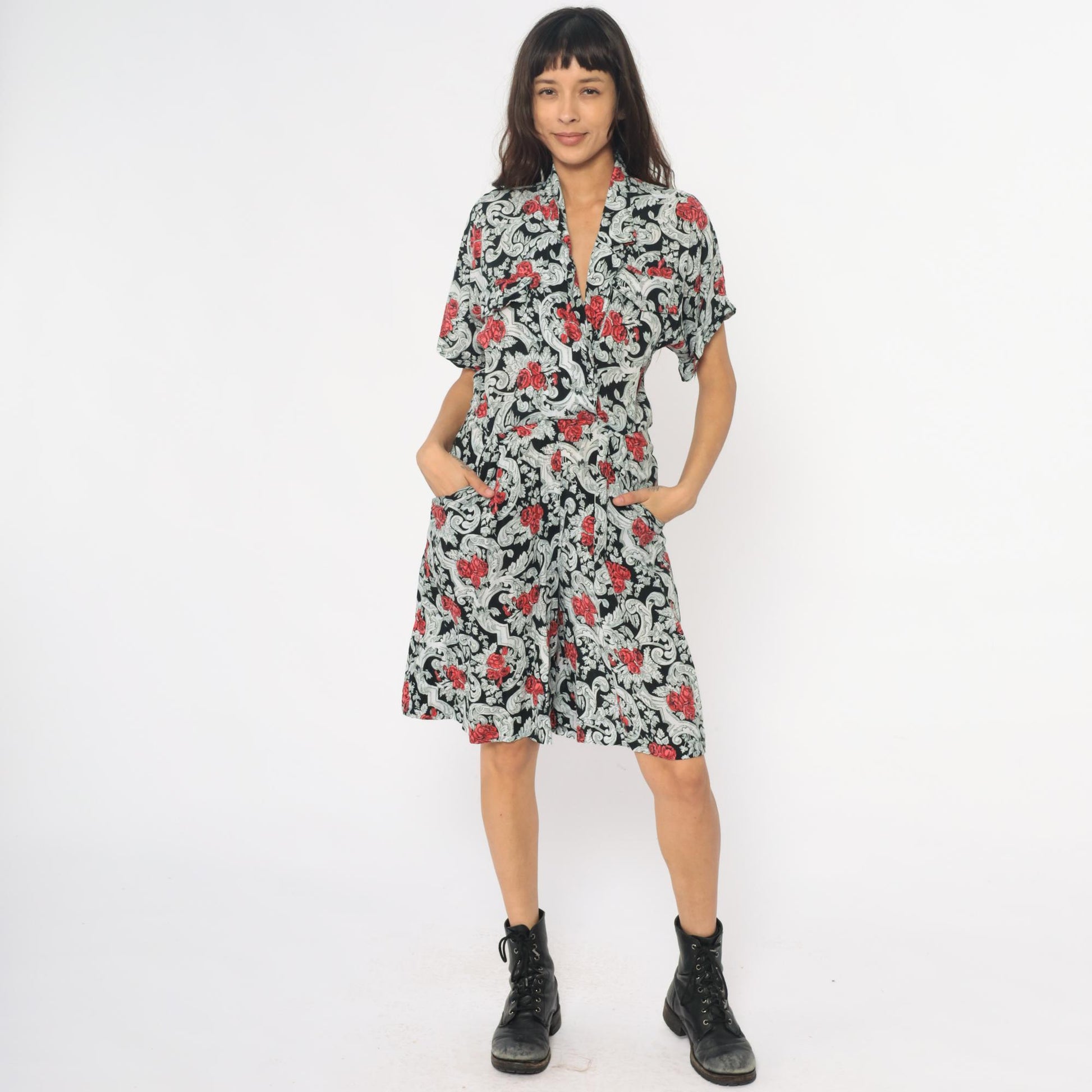 90s Floral Rayon Romper Black Red Rose Baroque Scrollwork Wide Leg Medium M