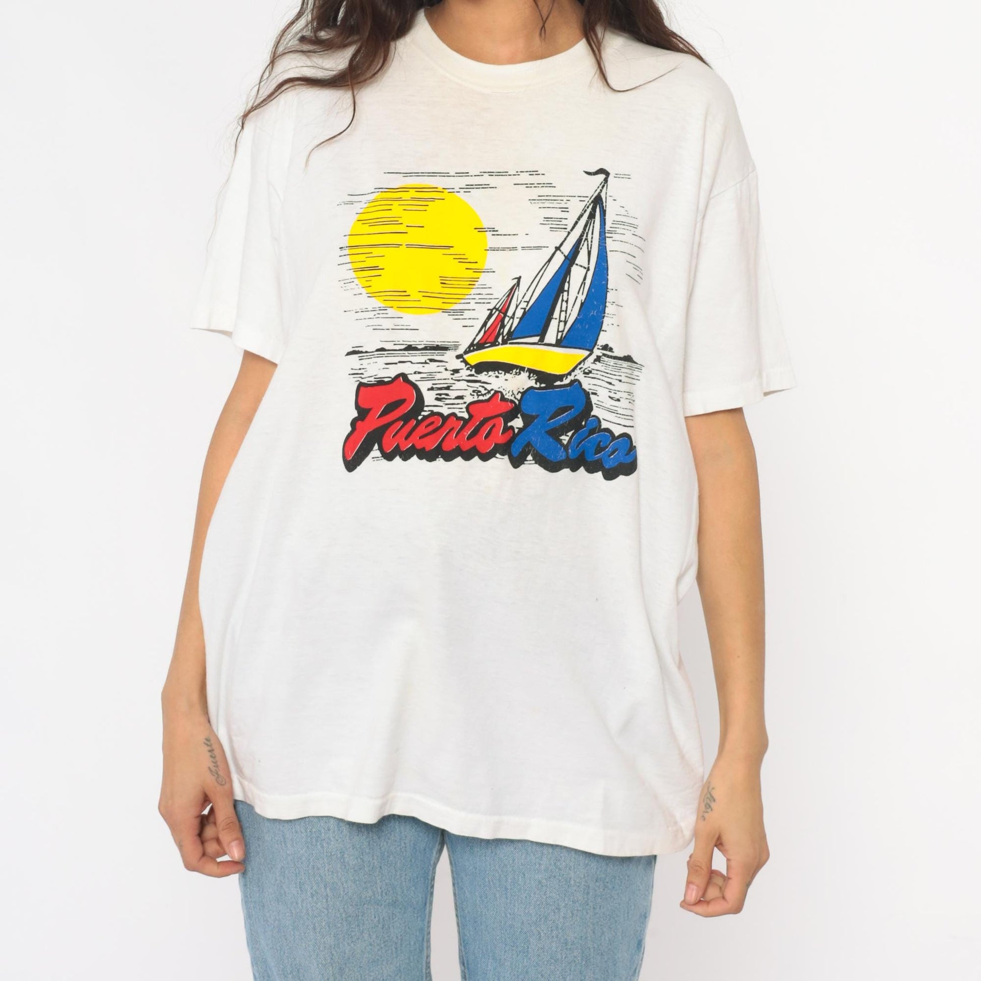 90s Puerto Rico Sailboat Graphic T-Shirt White Cotton Crew Neck Large