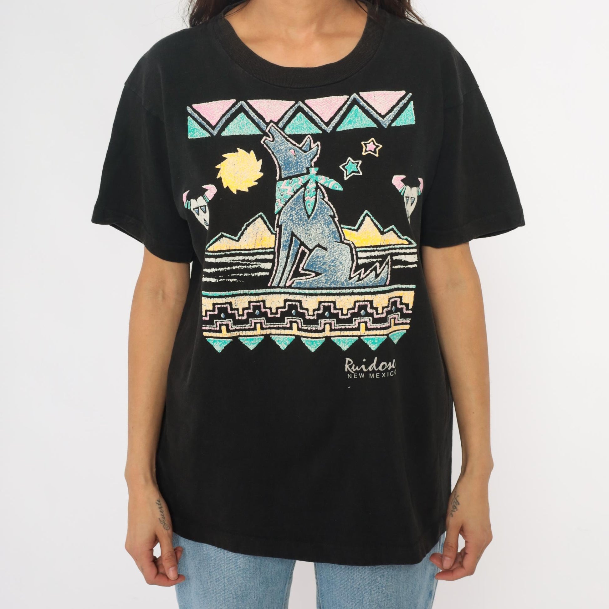 90s Ruidoso New Mexico Southwestern Coyote Graphic Tee Black Cotton Large L