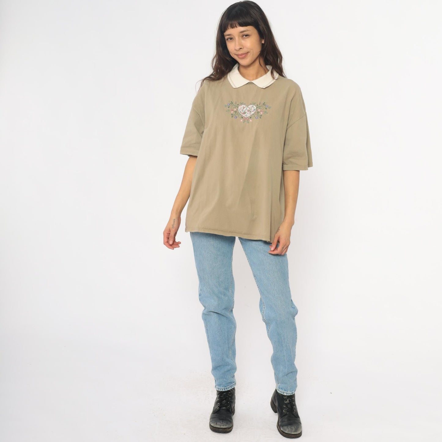 90s Embroidered Floral Heart Polo Shirt Tan Cotton Peter Pan Collar Extra Large