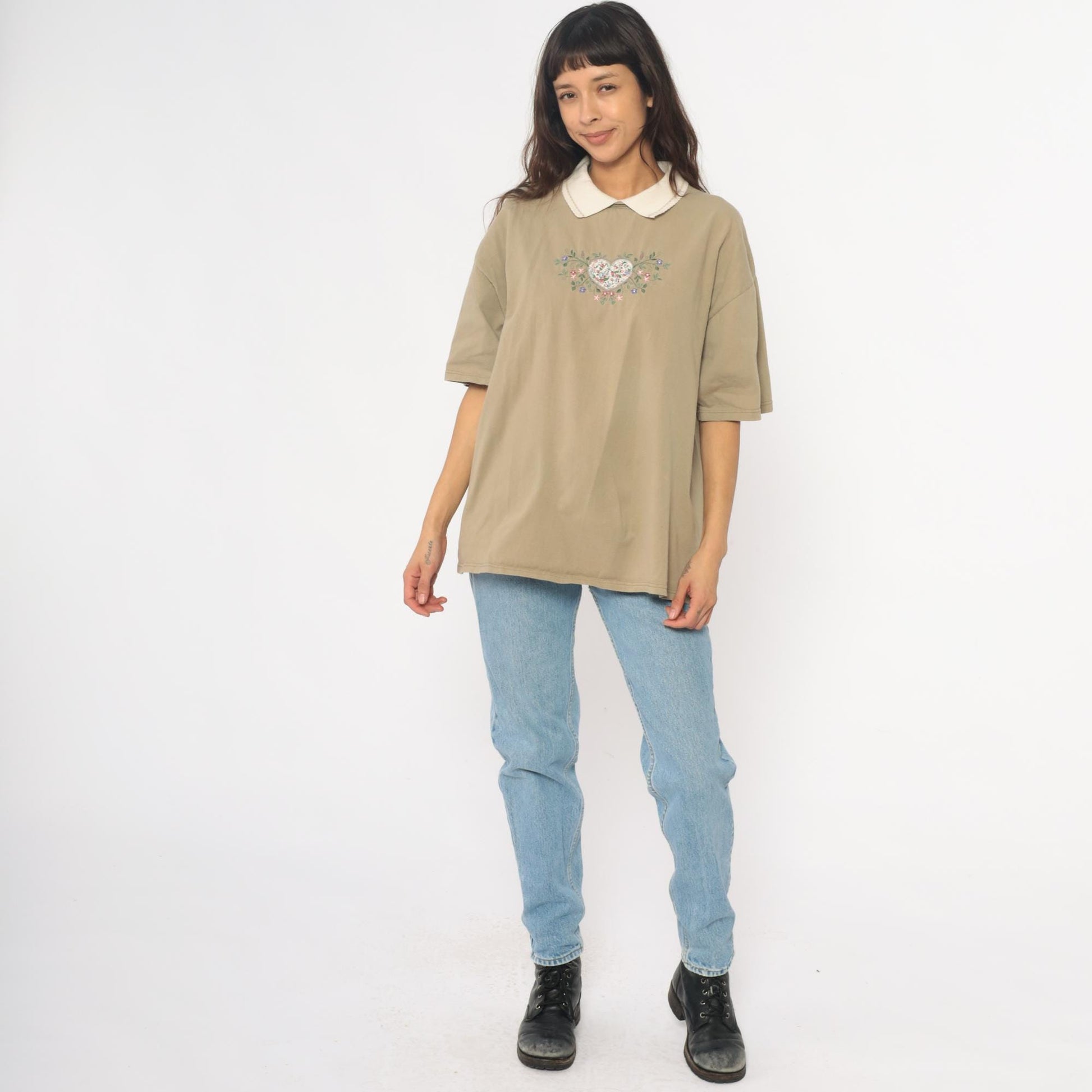 90s Embroidered Floral Heart Polo Shirt Tan Cotton Peter Pan Collar Extra Large