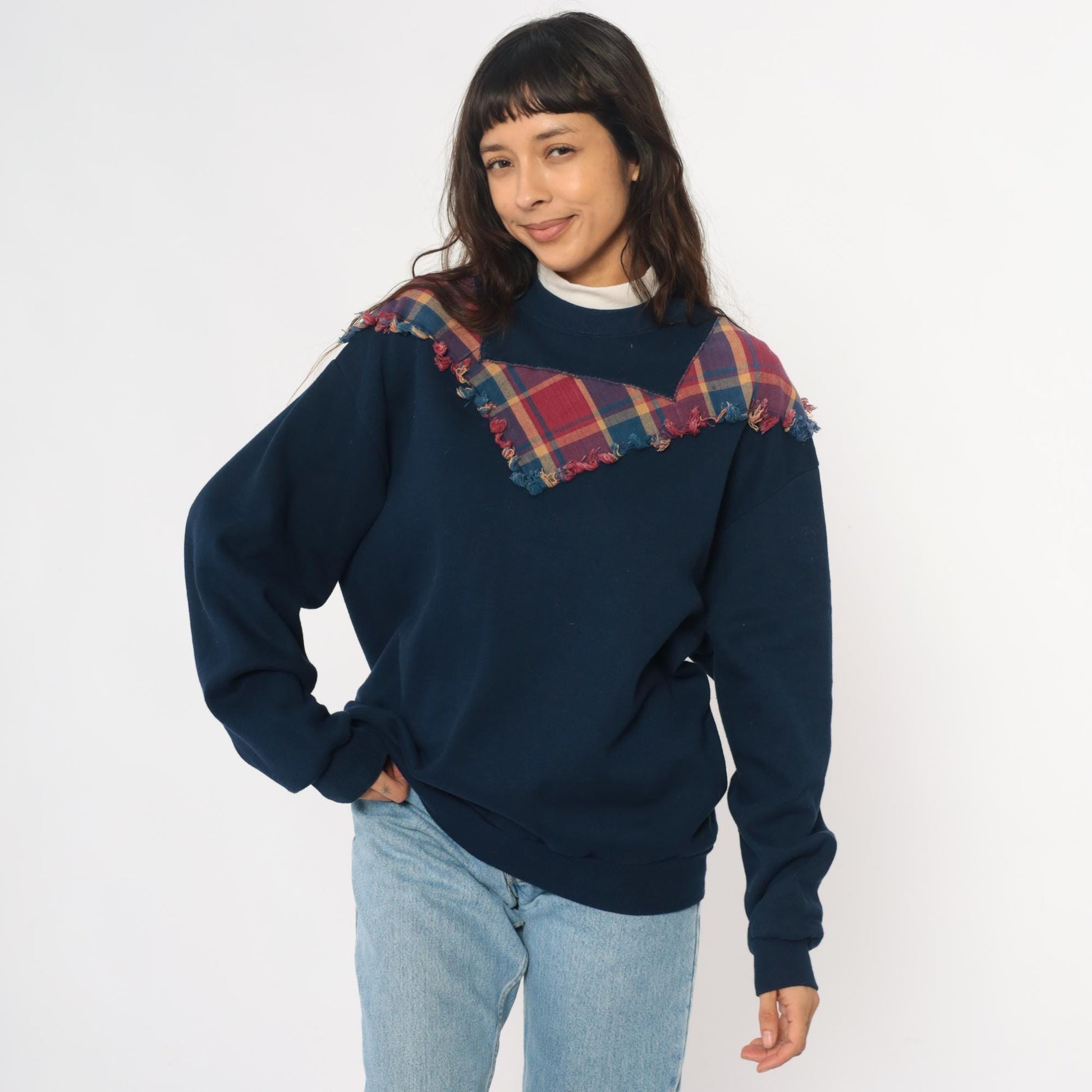 90s Jerzees Navy Plaid Yoke Sweatshirt Burgundy Teal Frayed Crewneck Extra Large XXL