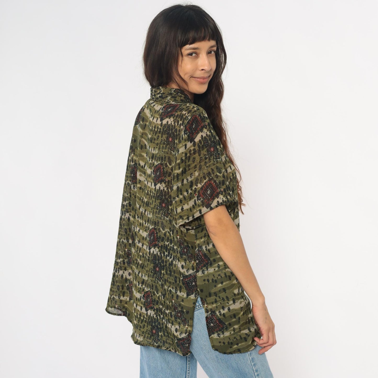 90s Olive Green Leopard Spot Button-Up Blouse Geometric Print Extra Large XL