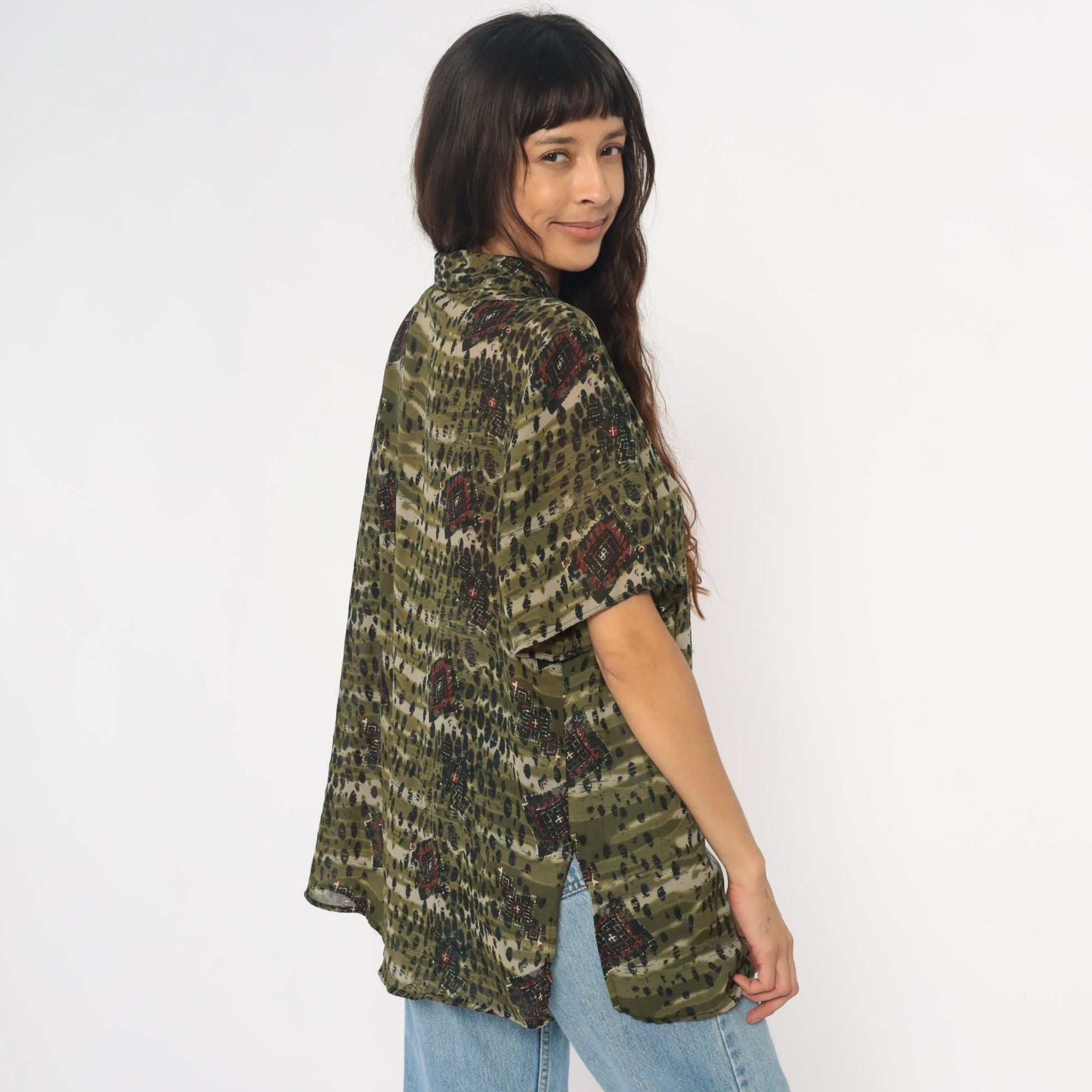 90s Olive Green Leopard Spot Button-Up Blouse Geometric Print Extra Large XL