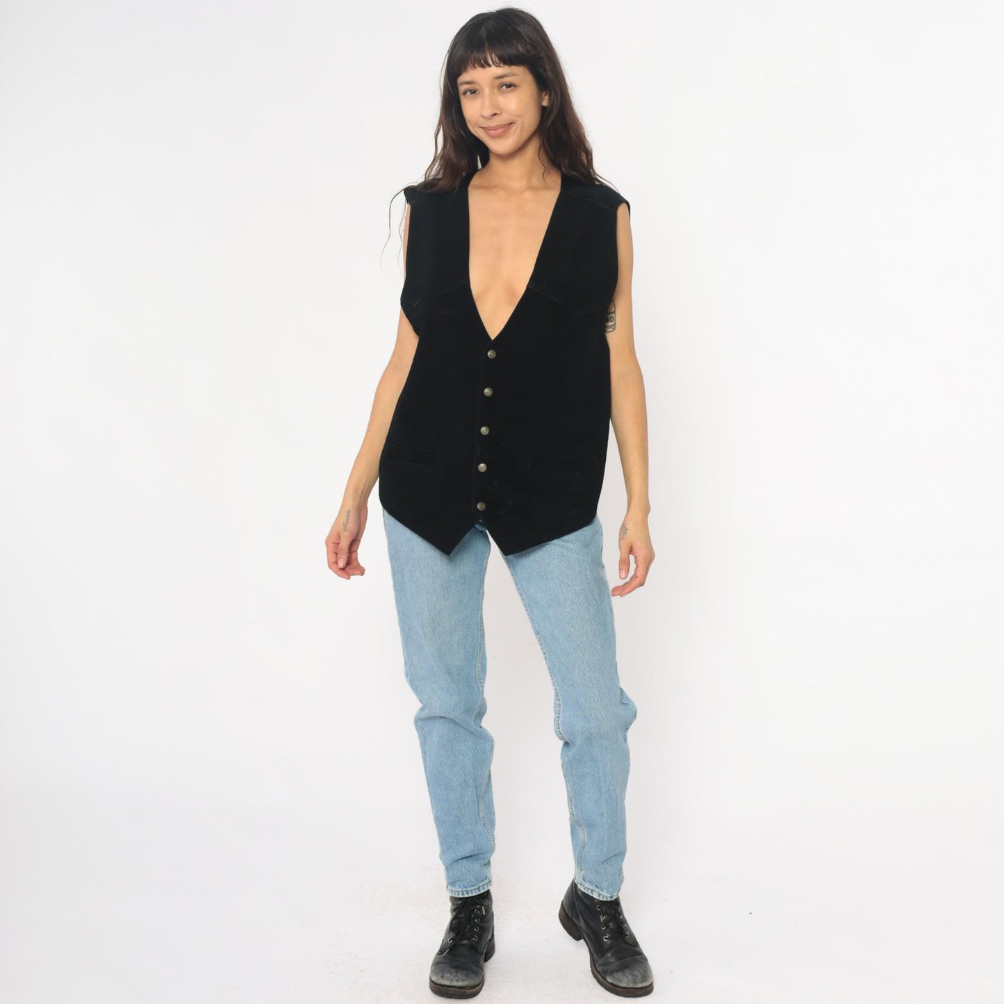 90s Black Suede Leather Vest Tie Back V-Neck Waistcoat Men's Extra Large XL