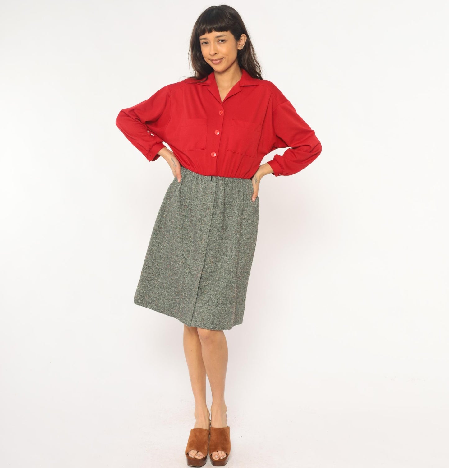70s Lady Carol Petites Red Tweed Shirtdress Knee Length Small Medium