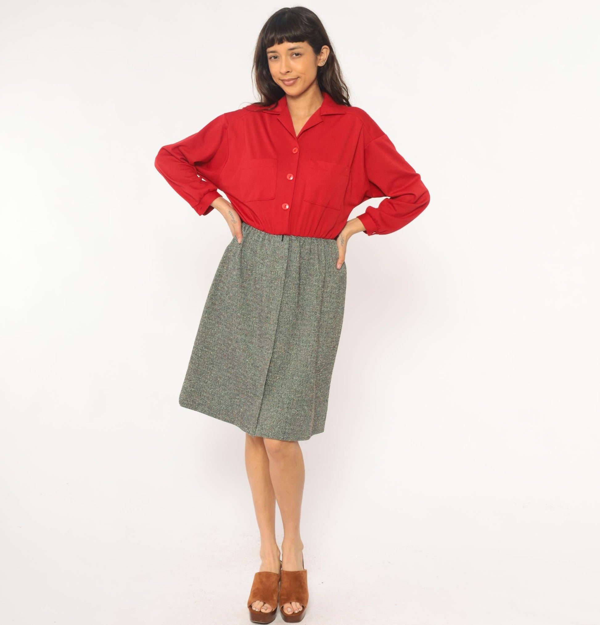 70s Lady Carol Petites Red Tweed Shirtdress Knee Length Small Medium