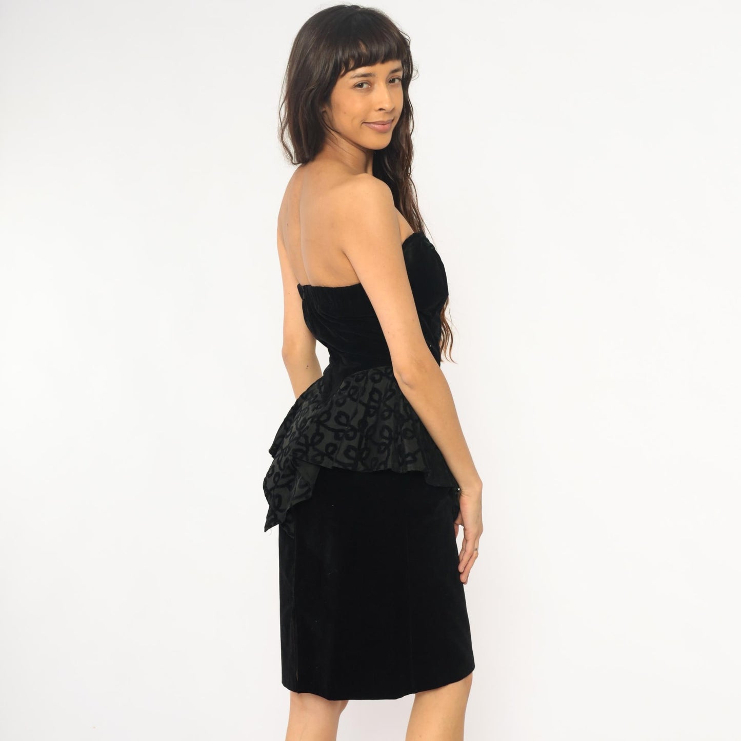 90s Milarzo Black Velvet Strapless Dress Sweetheart Neckline Peplum Extra Small XS