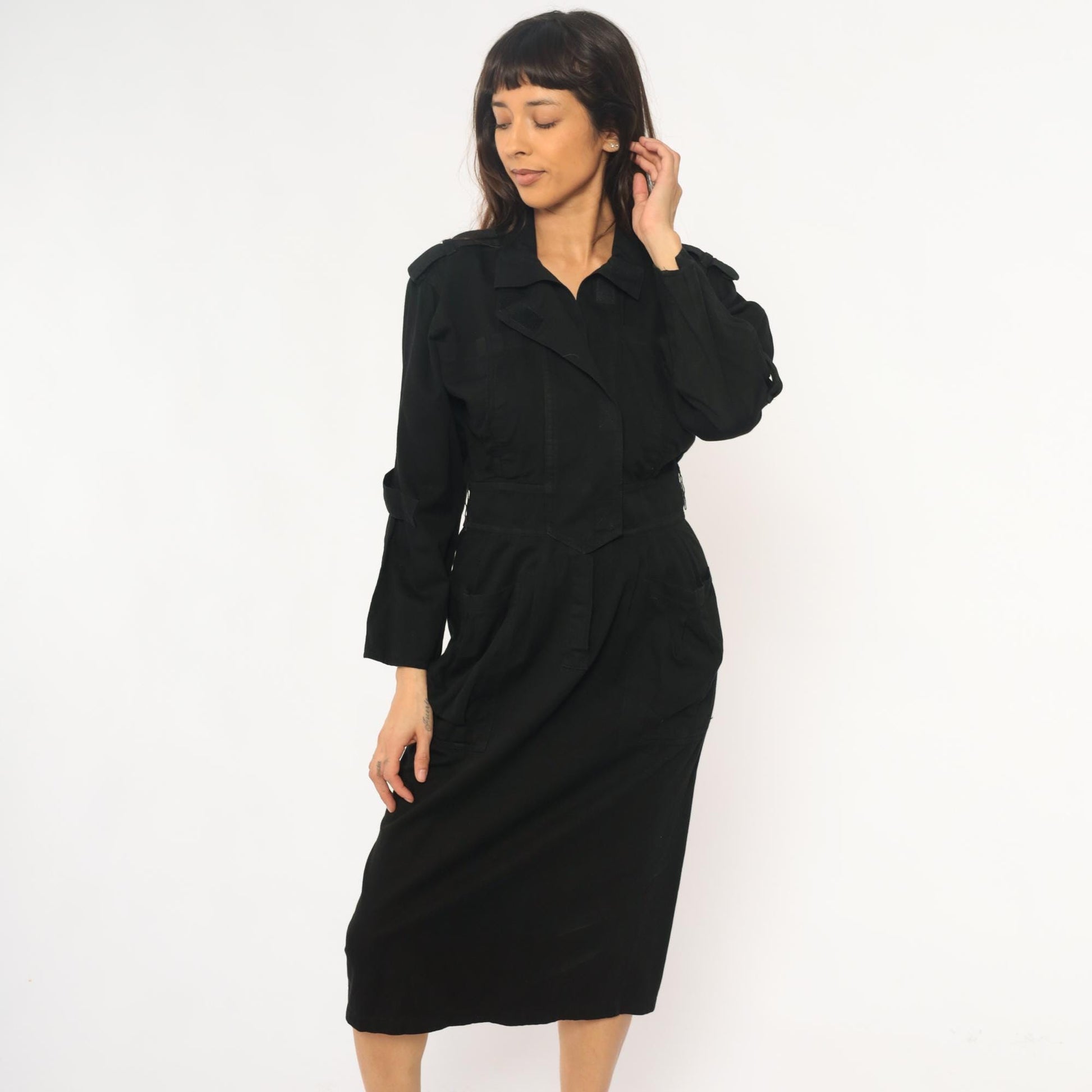 90s D Franke Black Trench Coat Dress Belted Midi Notched Collar Medium