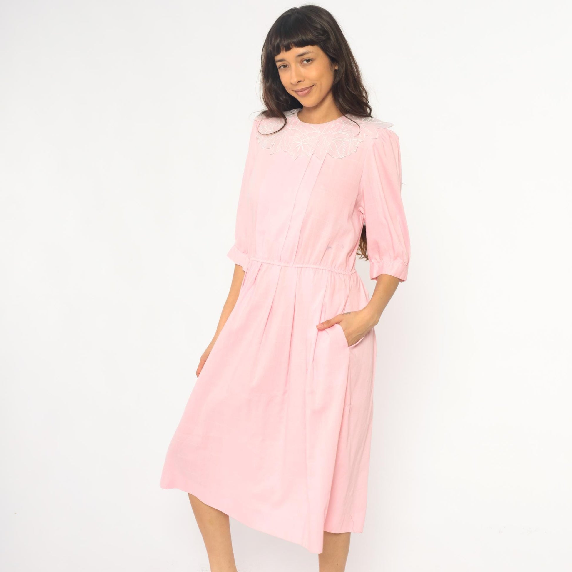 90s Blush Pink Midi Dress Embroidered Floral Collar Puff Sleeve Medium