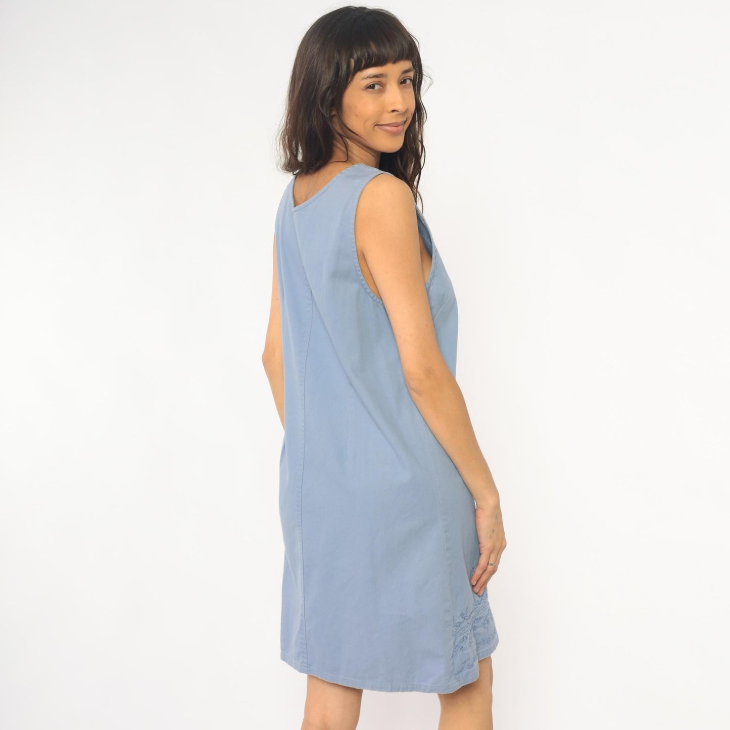 90s Basic Editions Powder Blue Cotton Shift Dress Floral Embroidered Small S