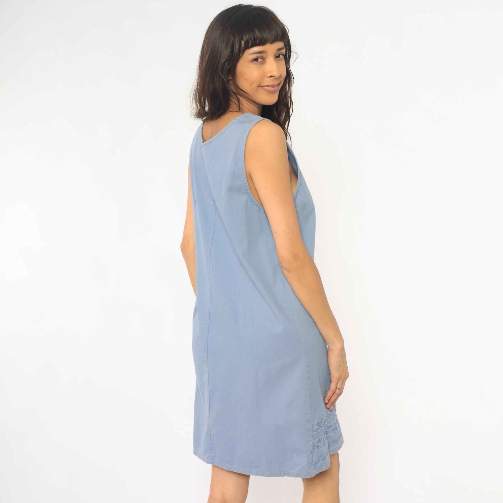 90s Basic Editions Powder Blue Cotton Shift Dress Floral Embroidered Small S
