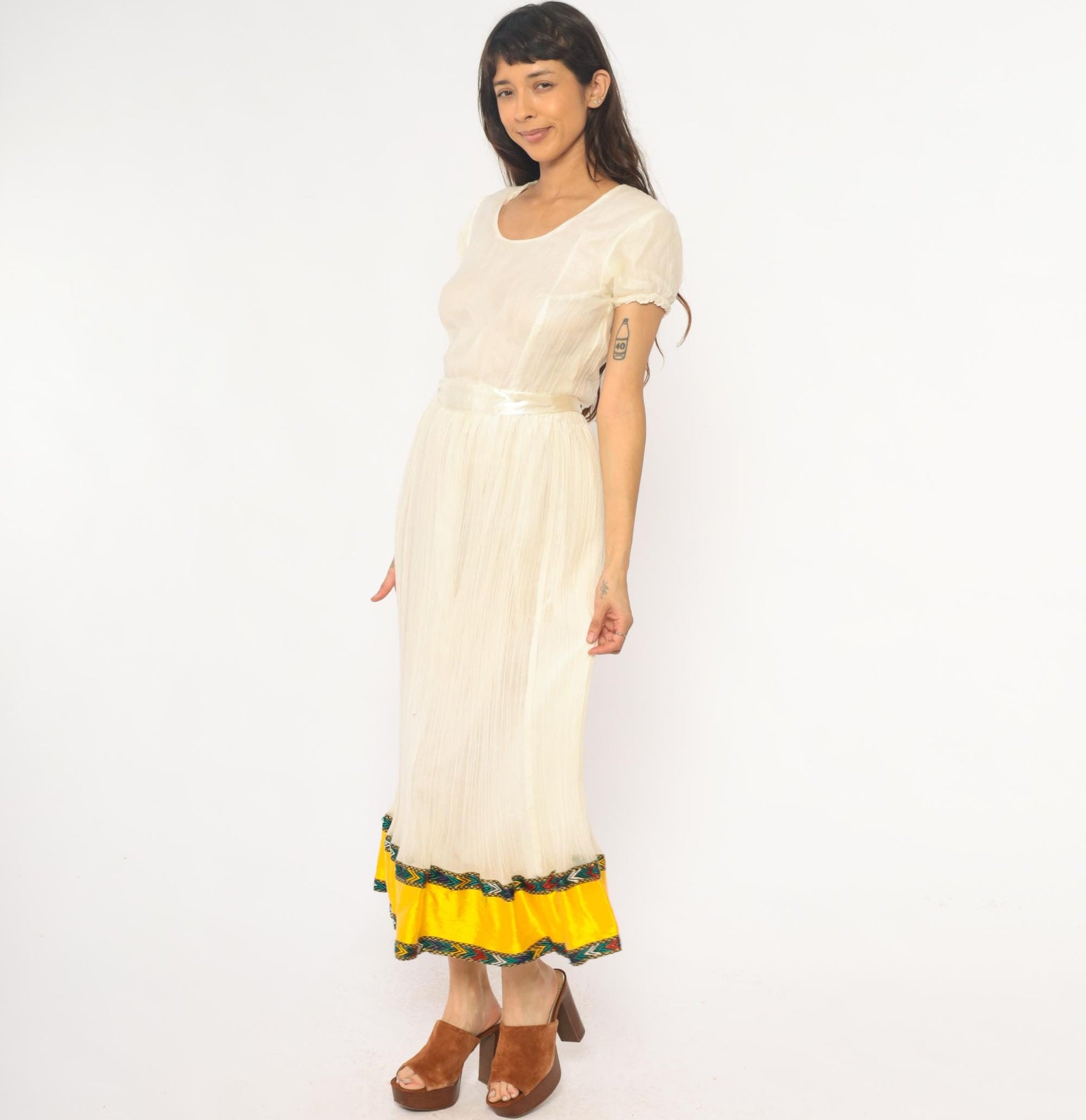 70s Cream Maxi Dress Puff Sleeve Pleated Skirt Embroidered Trim Extra Small