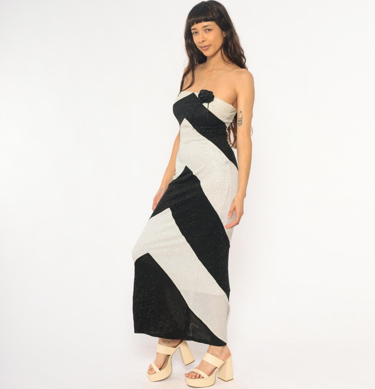 Y2K Pontic Prince Chevron Maxi Dress Black Cream Metallic Strapless Small
