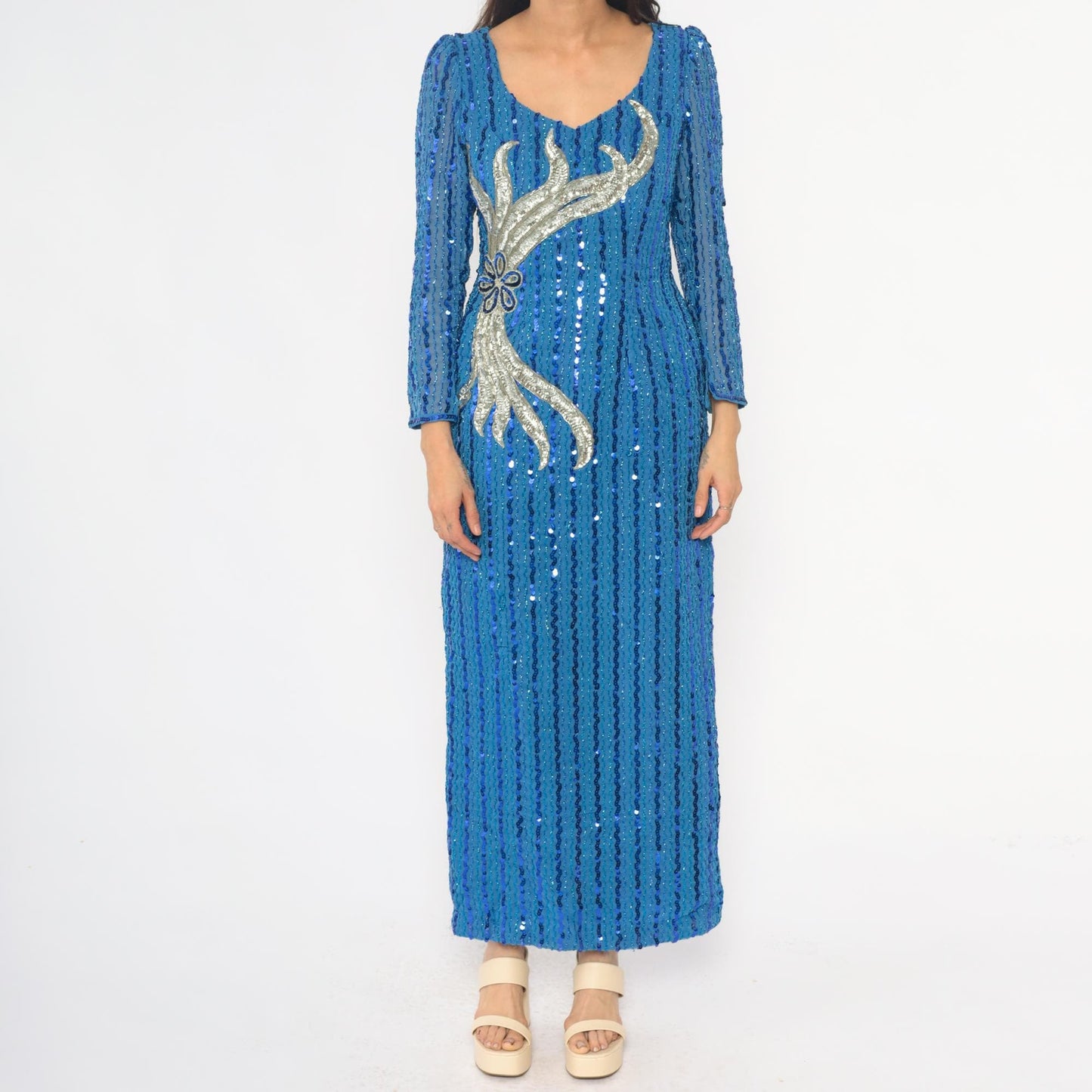 80s Blue Sequin Maxi Dress Long Sleeve V-Neck Silver Motif Small Medium