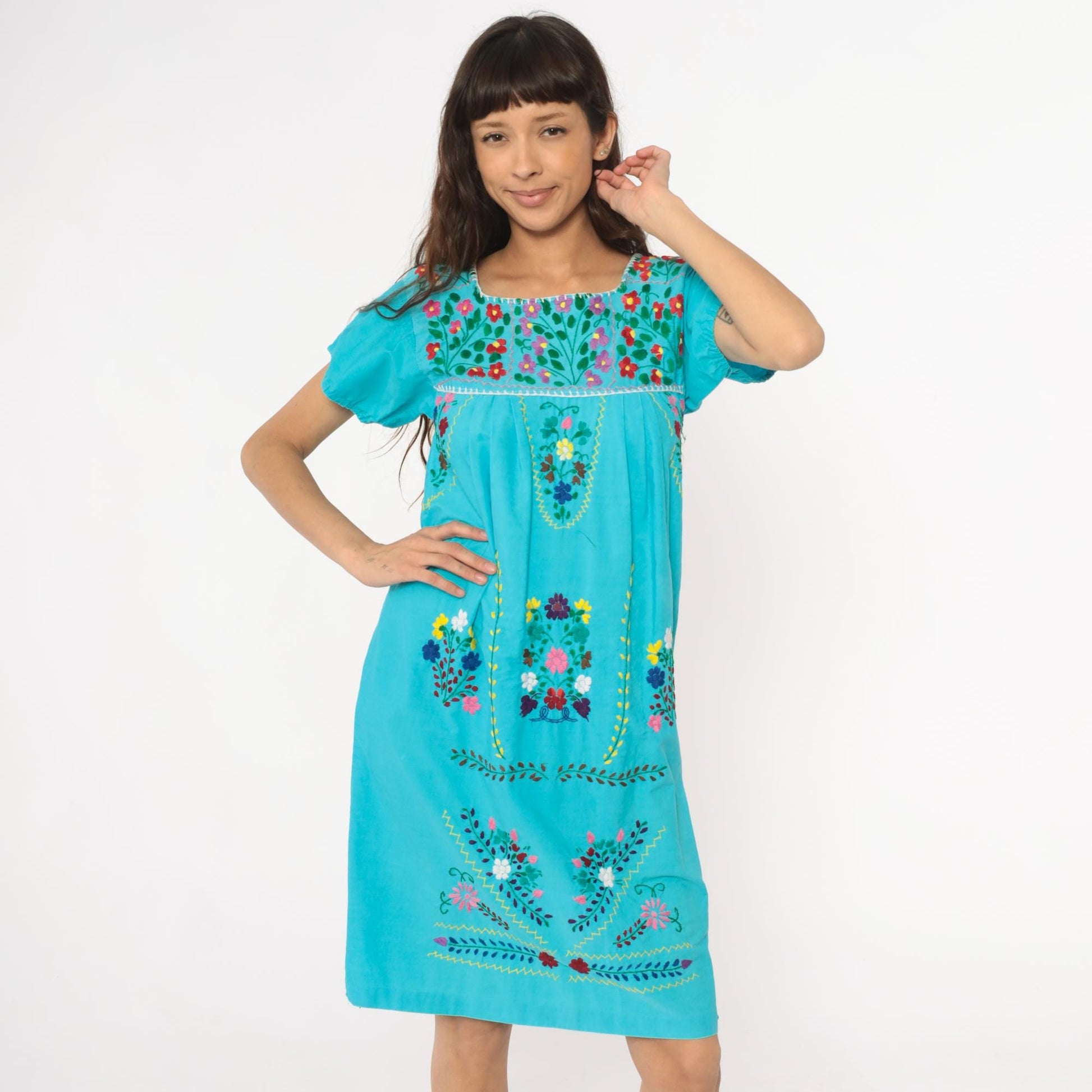 80s Mexican Embroidered Turquoise Cotton Dress Floral Empire Waist Extra Small XS