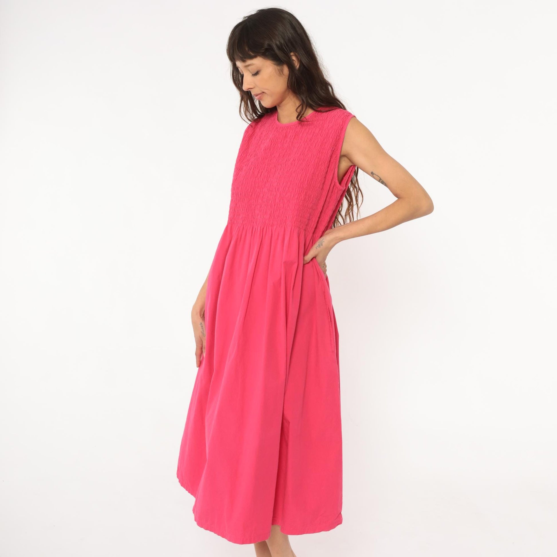Y2K Coral Pink Maxi Dress Smocked Bodice Cotton Sleeveless Large